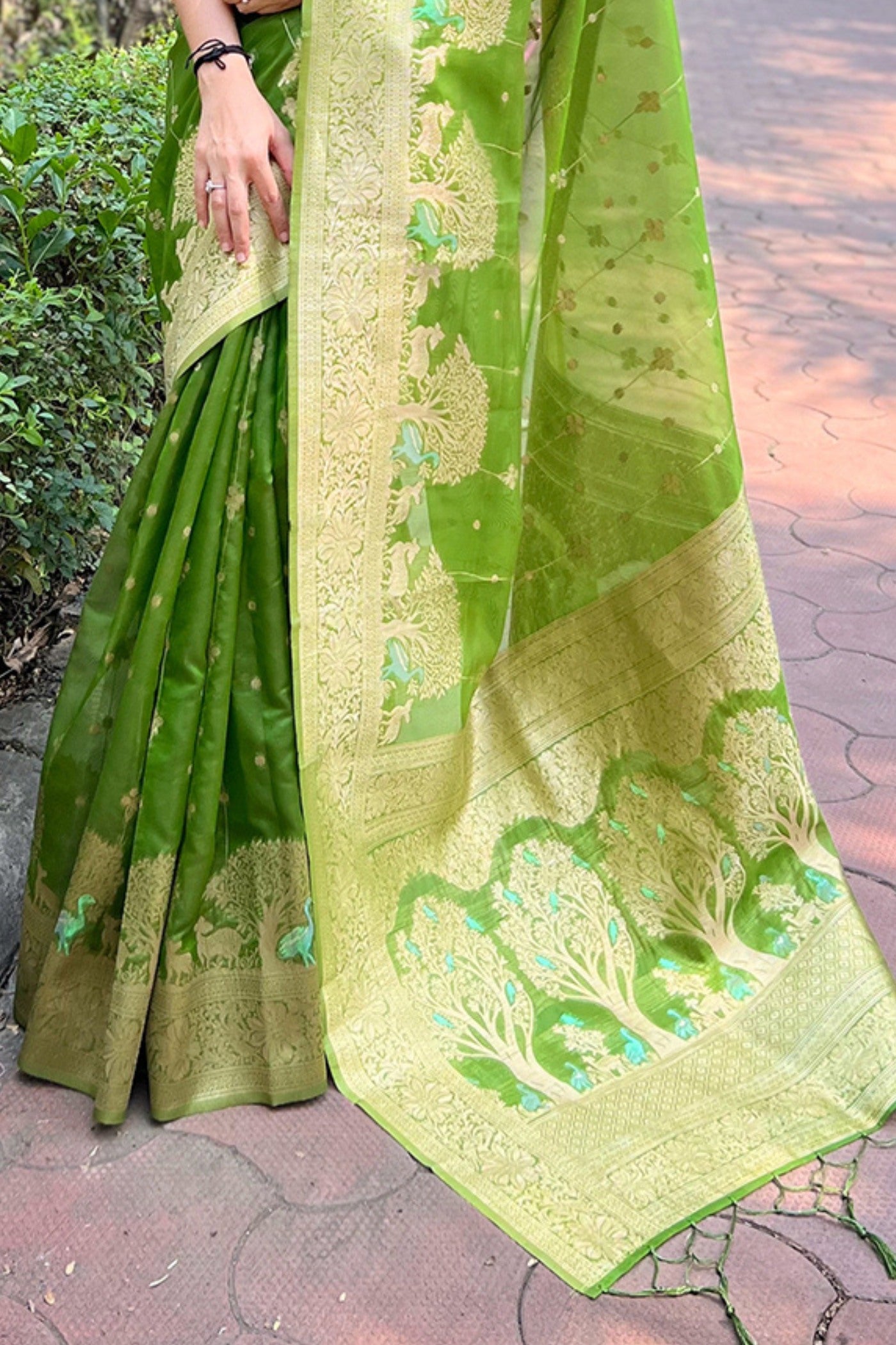 Buy MySilkLove Celery Green Woven Organza Saree Online