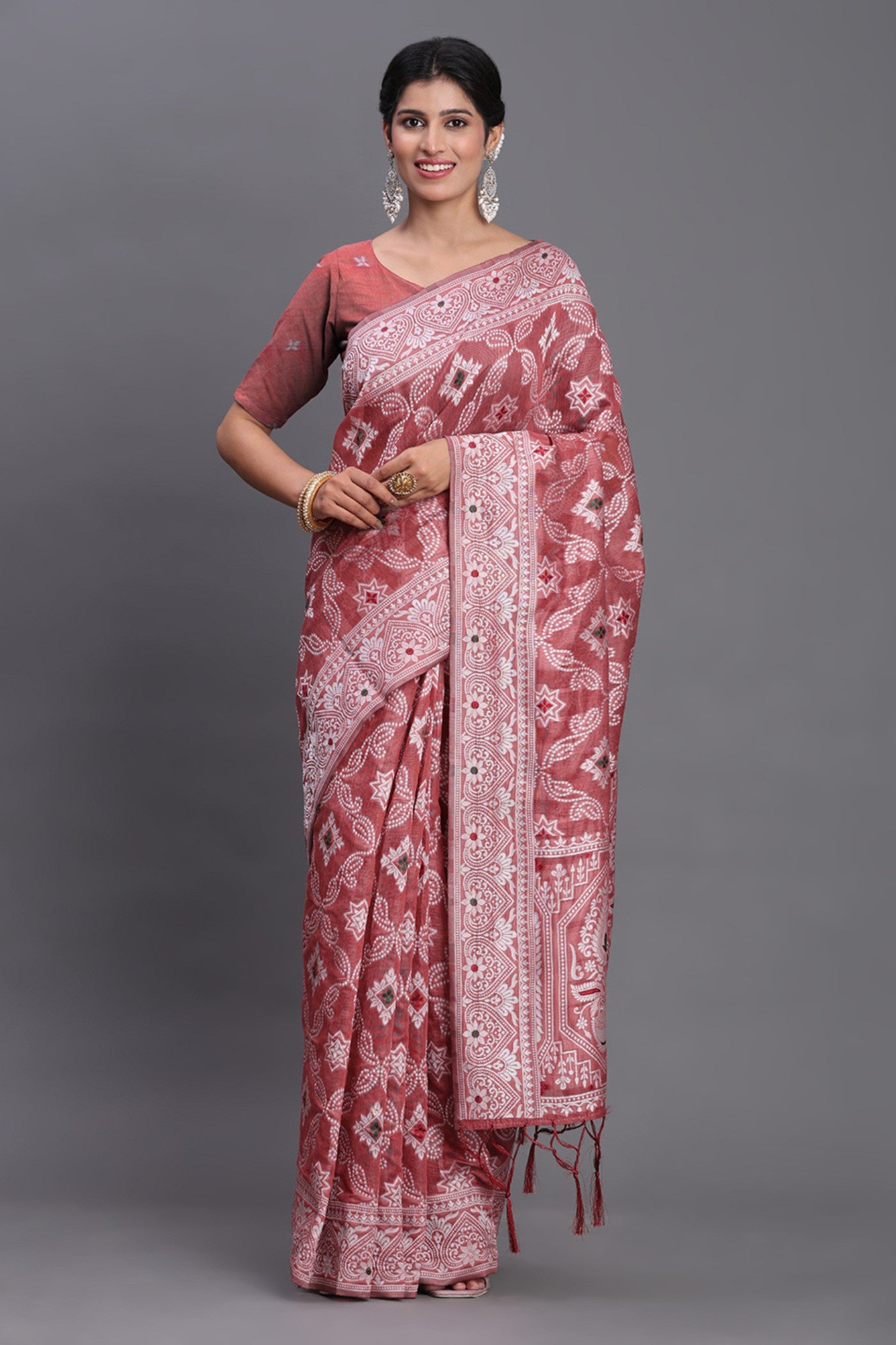 Buy MySilkLove Matte Maroon Linen Cotton Saree Online