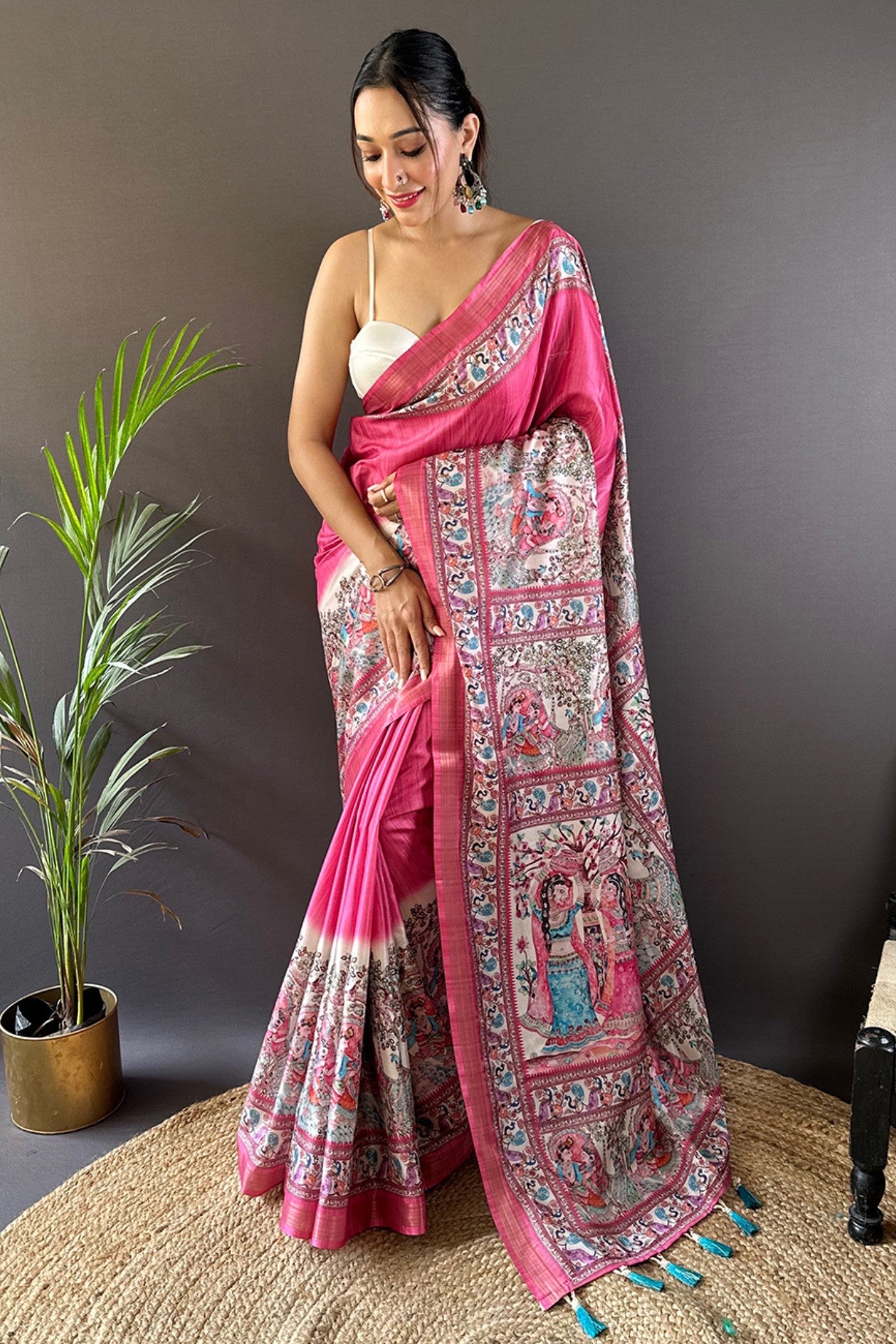 Buy MySilkLove Mystic Pearl Pink Madhubani Printed Tussar Silk Saree Online