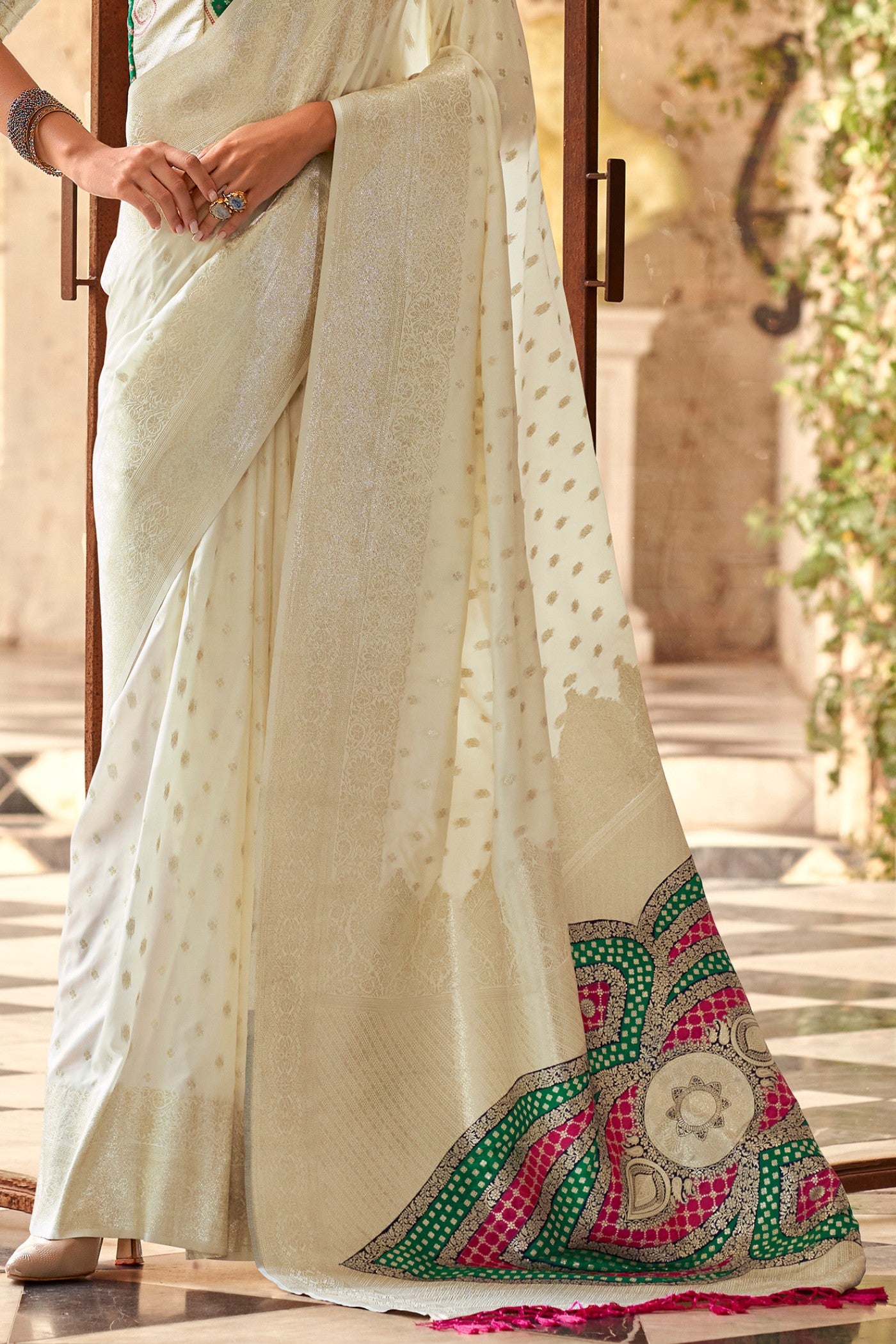 Buy MySilkLove Snow White Woven Banarasi Soft Silk Saree Online