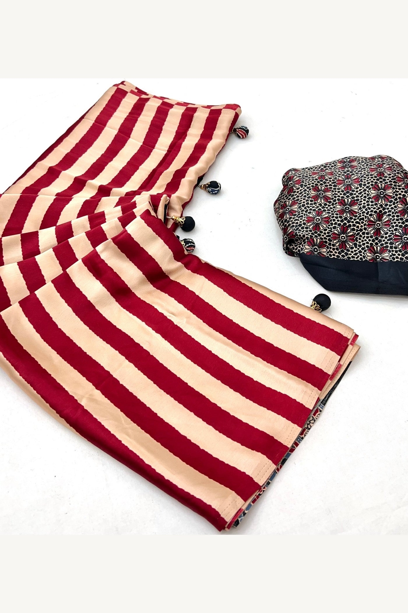 Buy MySilkLove Venetian Red Stripe Ajrakh Printed Satin Gaji Silk Saree Online