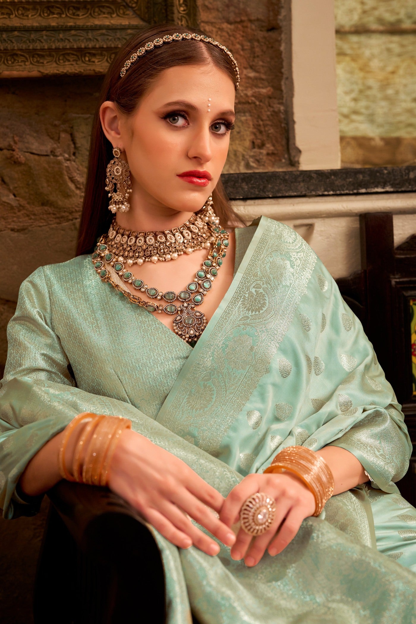 Buy MySilkLove Artichoke Green Woven Banarasi Satin Soft Silk Saree Online