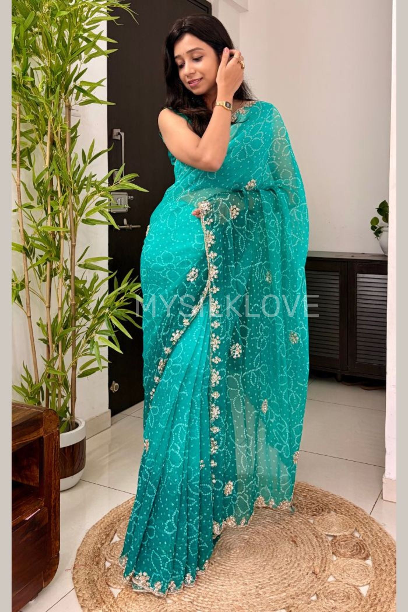 Buy MySilkLove Aqua Teal Georgette Chiffon Bead Work Saree Online
