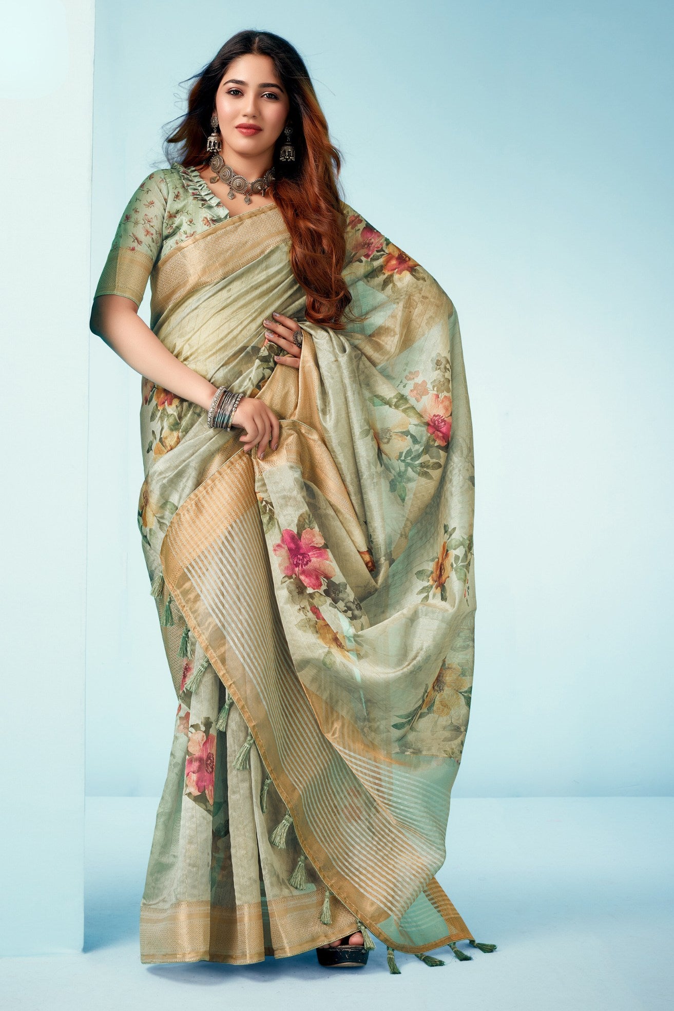 Buy MySilkLove Limed Ash Green Floral Linen Saree Online