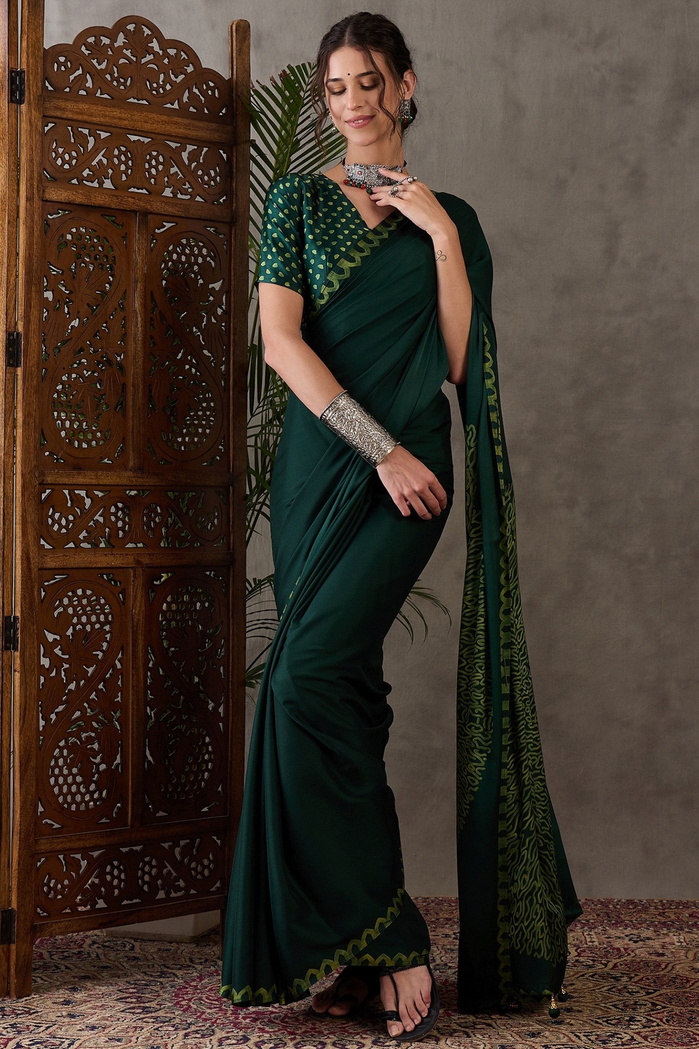 Buy MySilkLove Dark Leaf Green Printed Satin Gaji Silk Saree Online