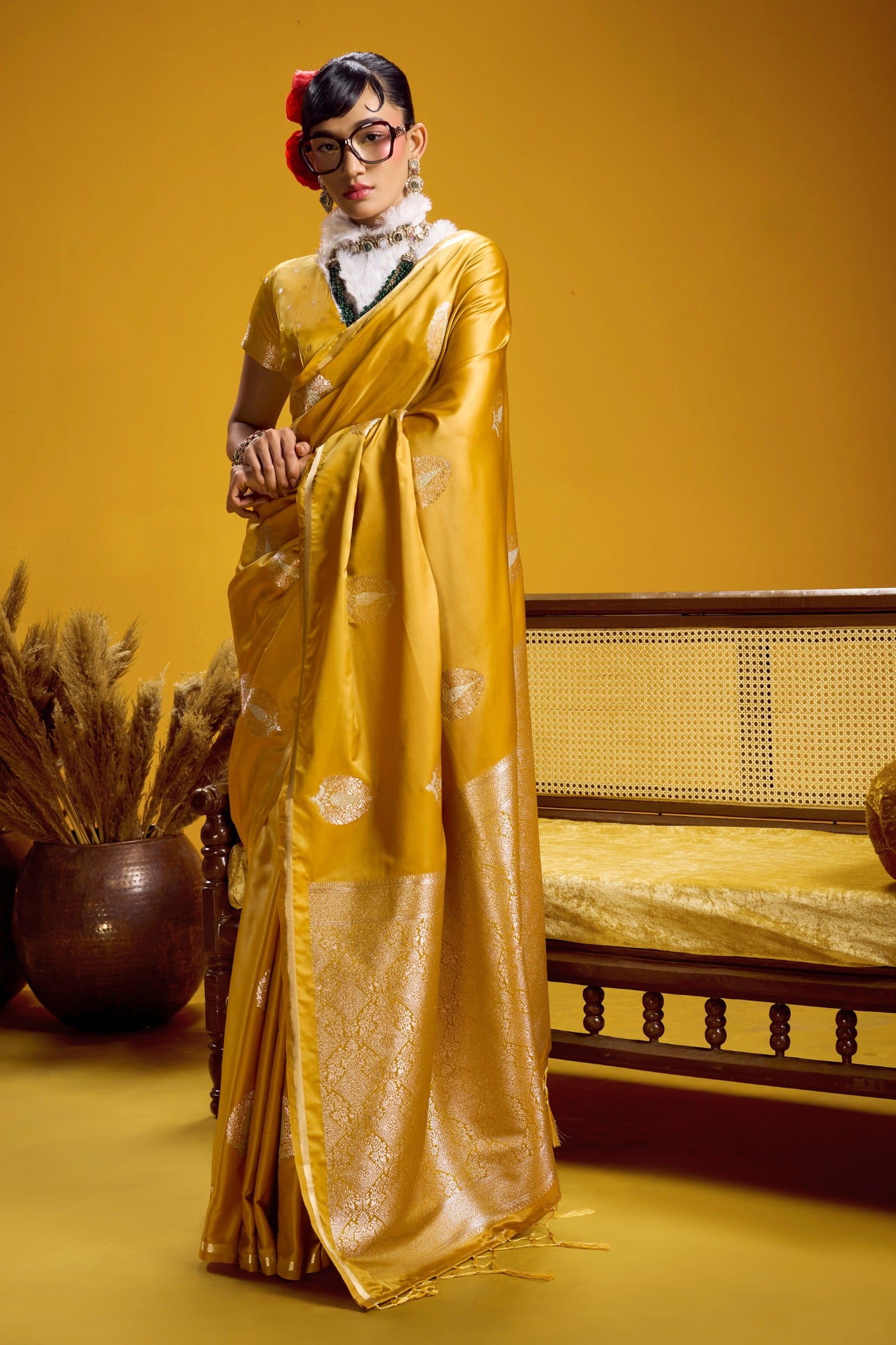 Buy MySilkLove Safety Yellow Handloom Satin Silk Saree Online
