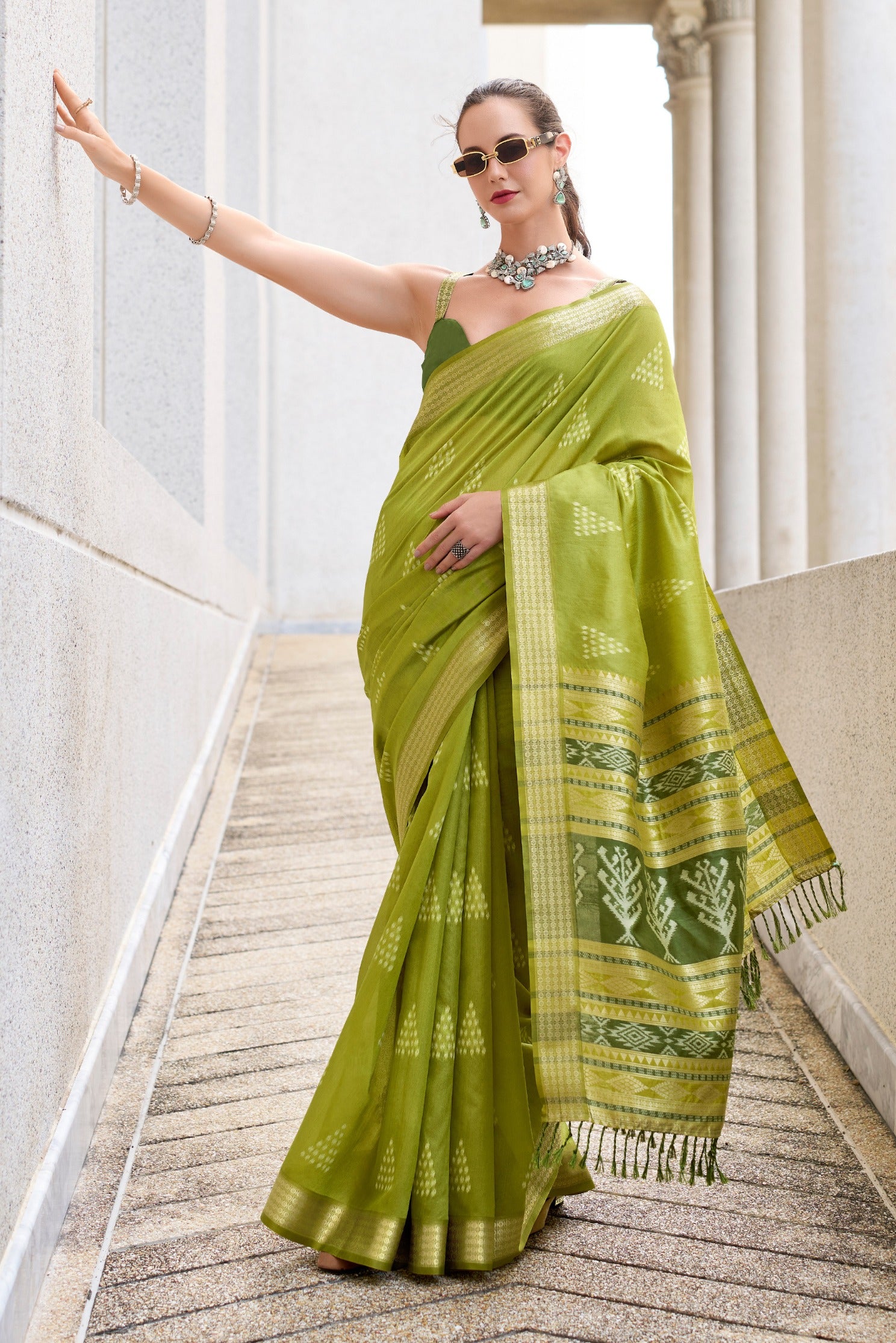 Buy MySilkLove Ceramic Green Ikkat Woven Banarasi Saree Online