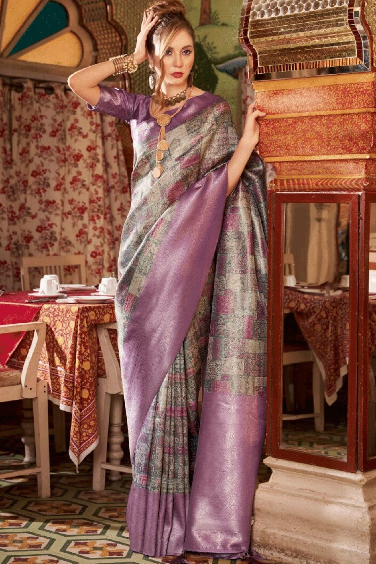 Buy MySilkLove Oriental Purple and Grey Banarasi Digital Printed Saree Online