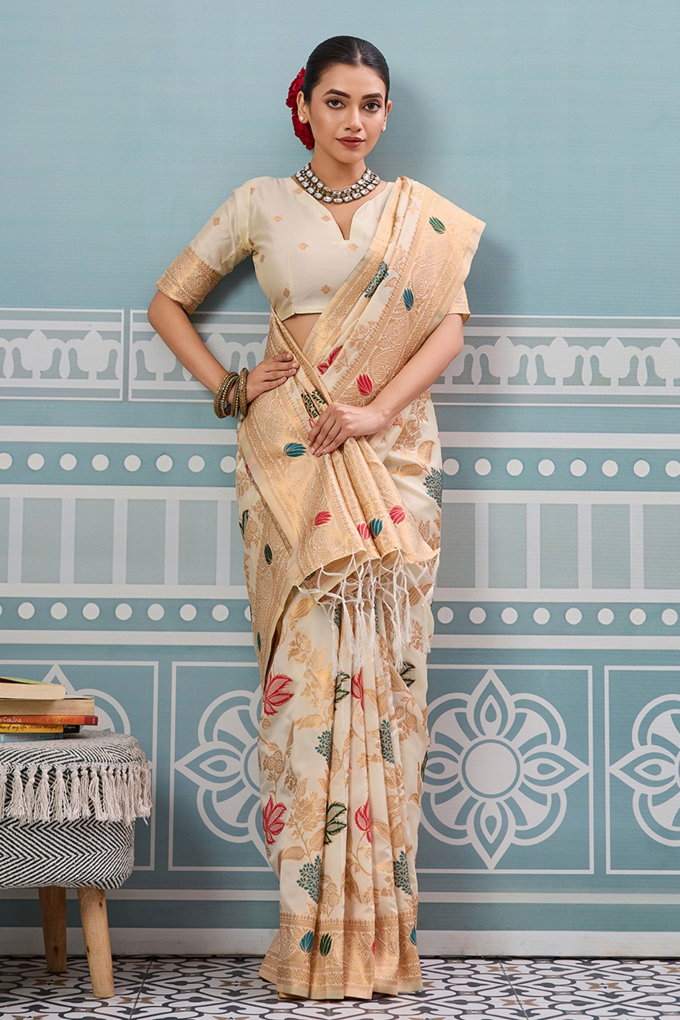 Buy MySilkLove Pueblo Cream Woven Banarasi Saree Online