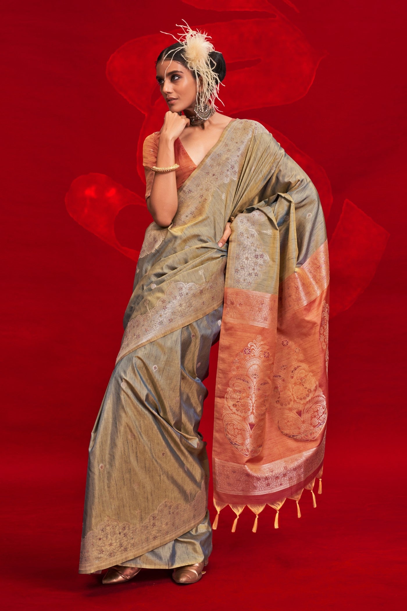 Buy MySilkLove Spice Green Tussar Handloom Silk Saree Online