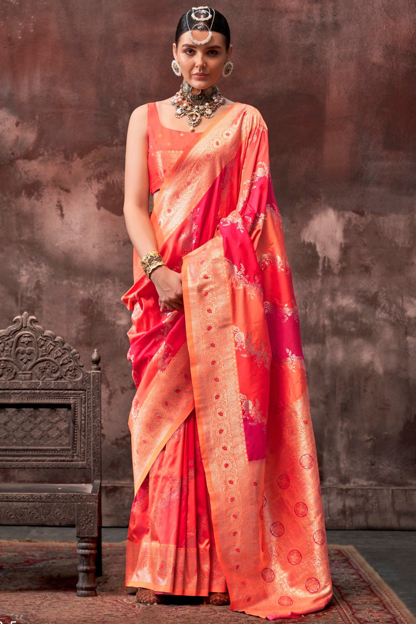 Buy MySilkLove Monarch Orange and Red Rangkaat Handloom Banarasi Saree Online