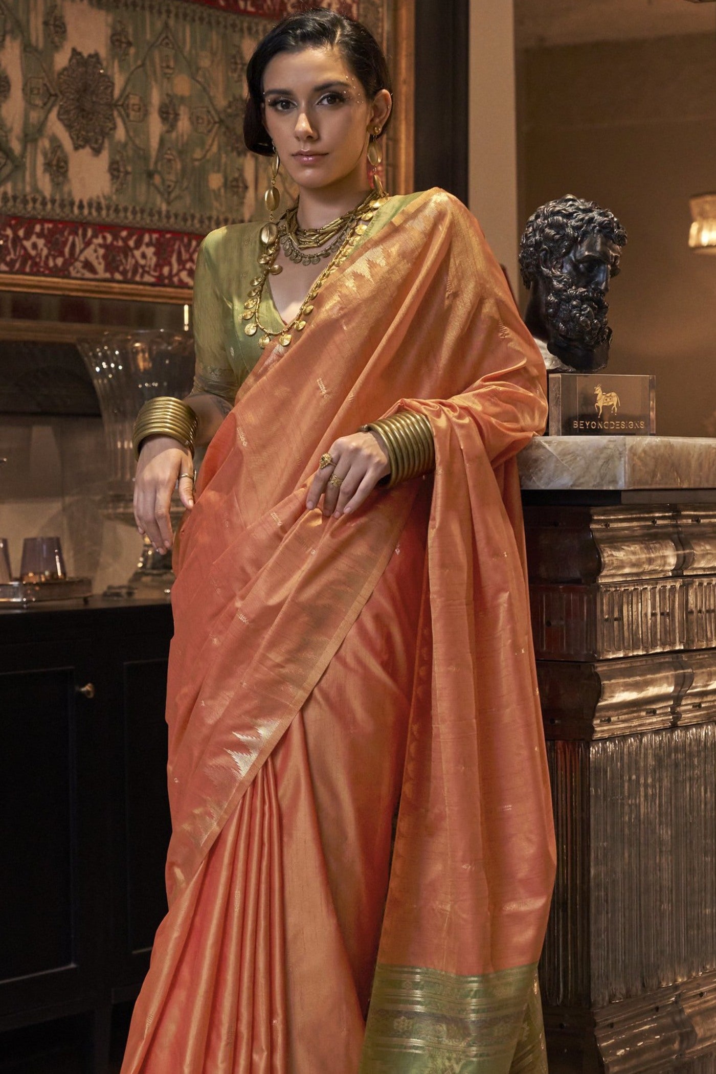 Buy MySilkLove Koromiko Orange Woven Linen Saree Online