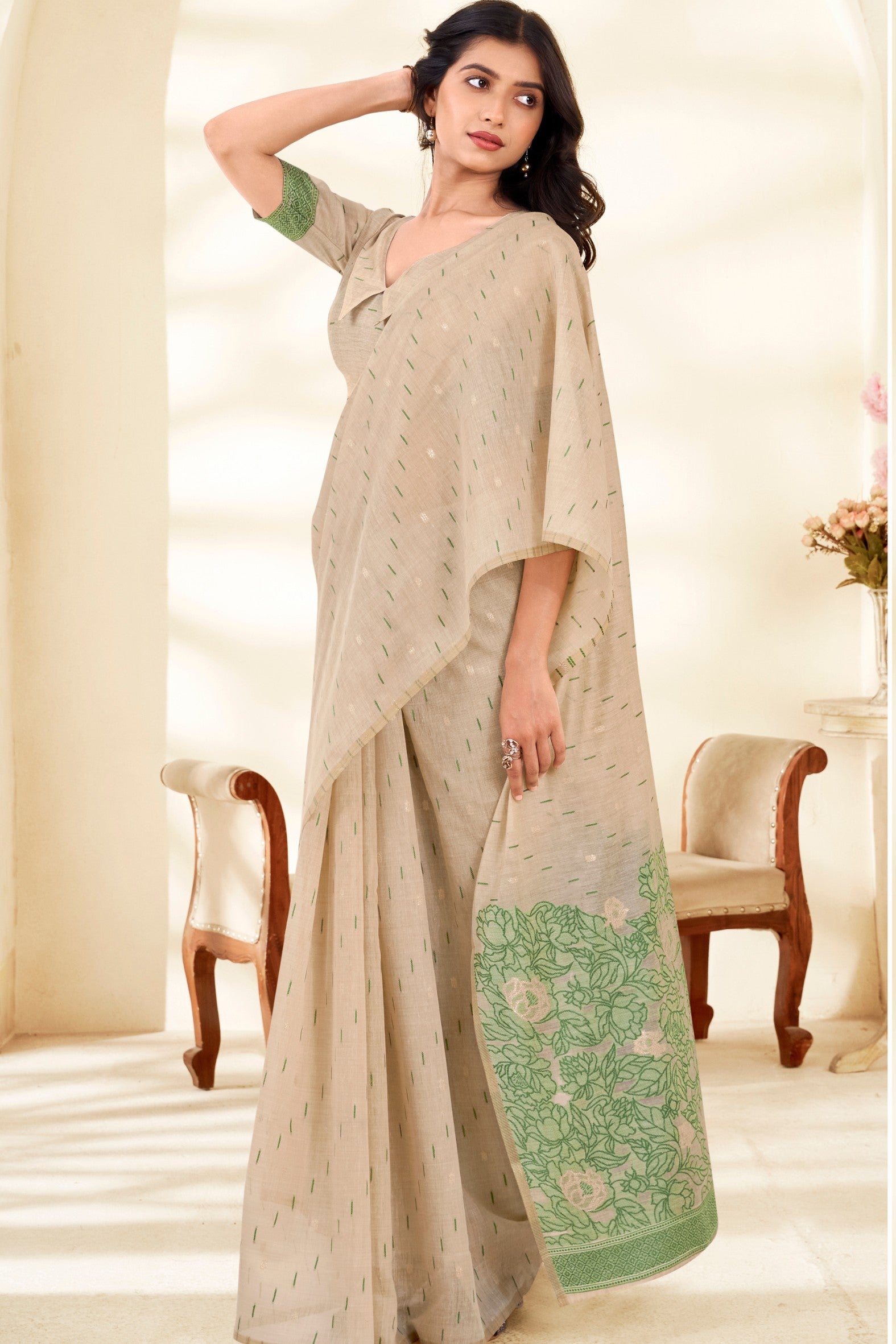 Buy MySilkLove Coconut Cream and Green Woven Modal Cotton Saree Online