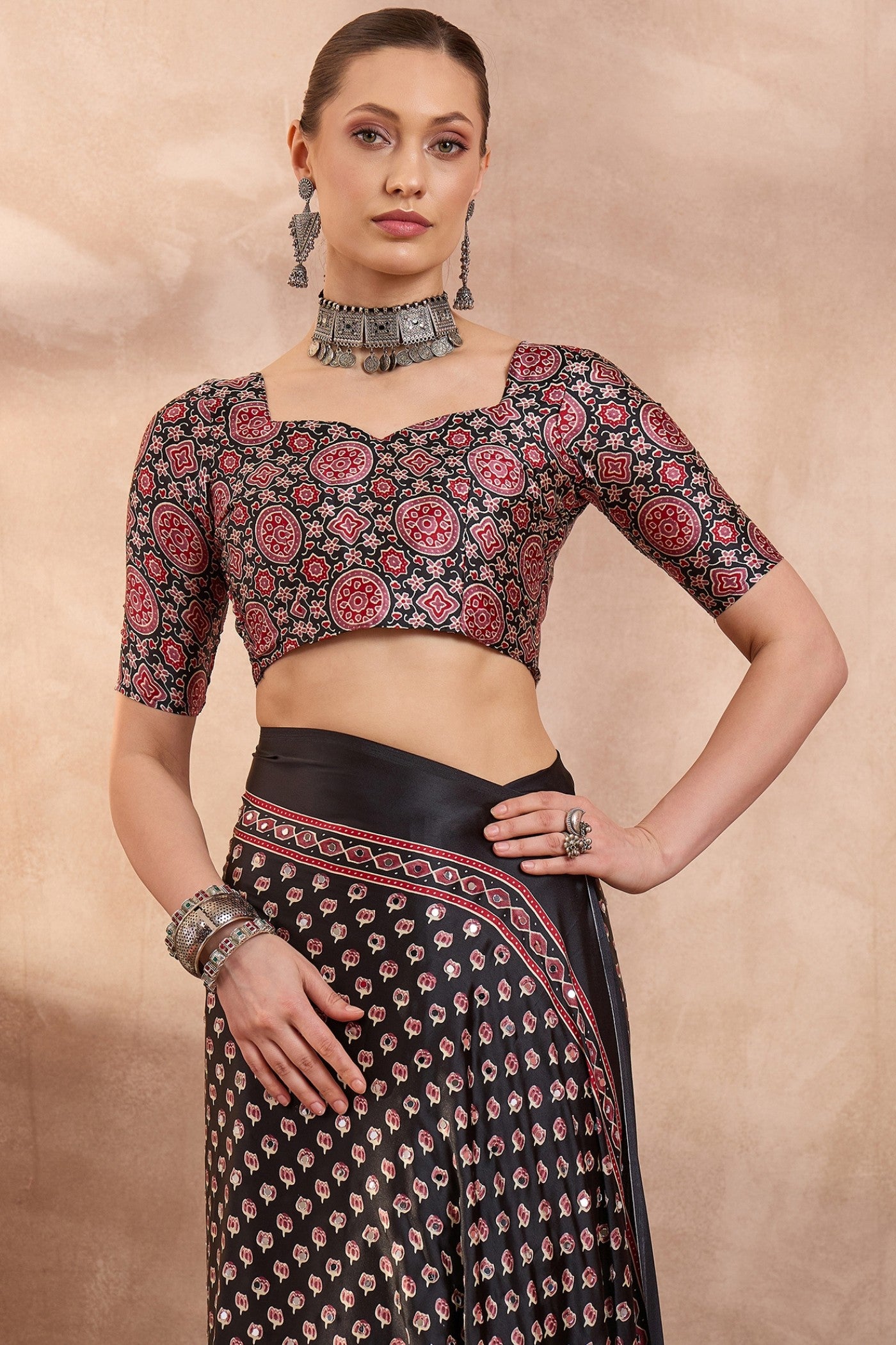 Buy MySilkLove Abbey Black Modal Ajrakh Satin Printed Silk Saree Online
