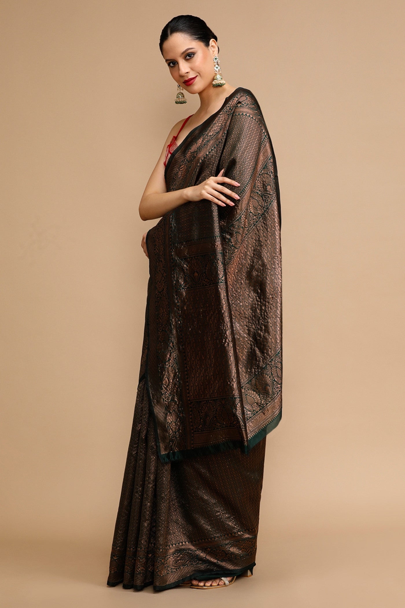 Buy MySilkLove Pecan Brown Woven Jacquard Lichi Silk Saree Online