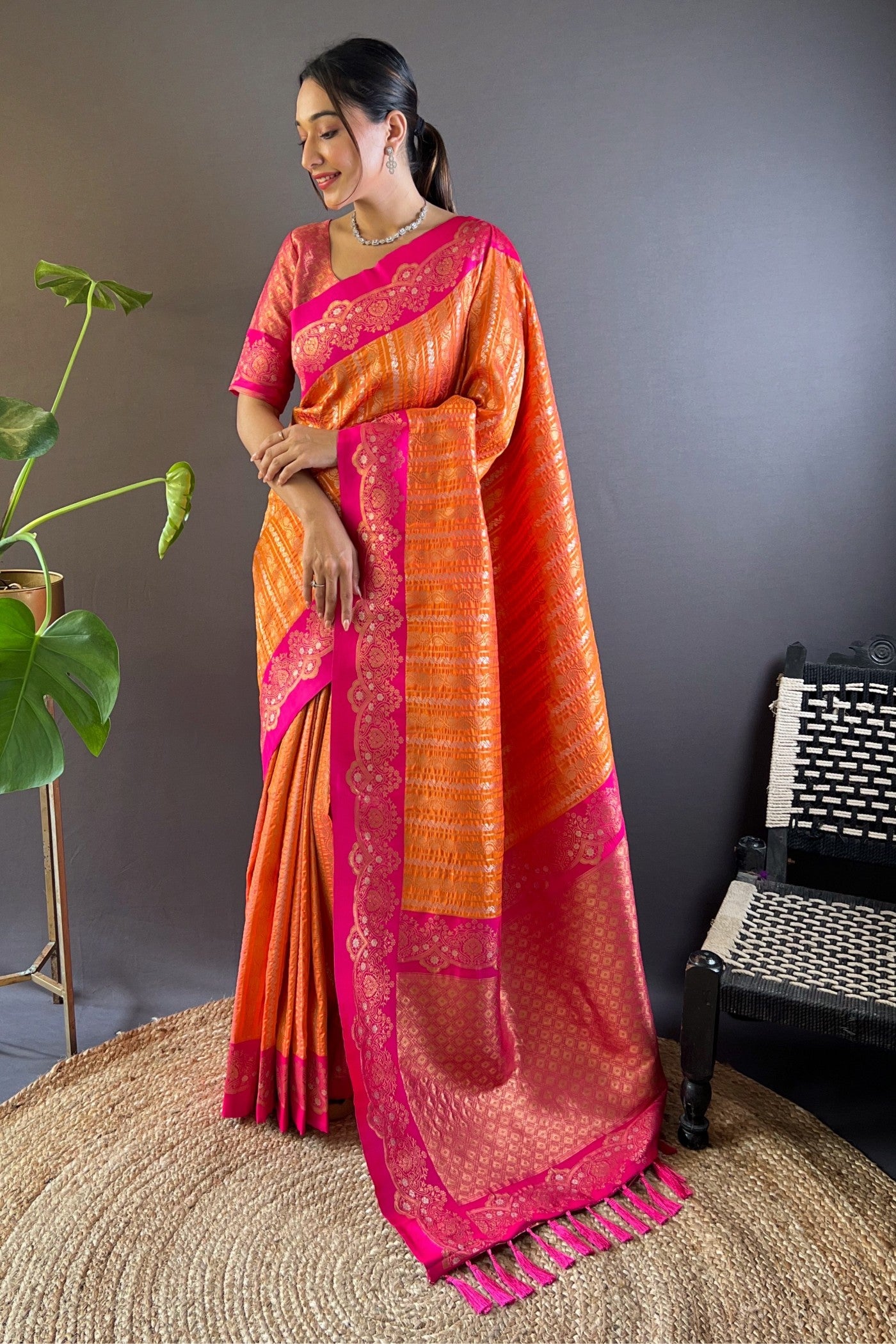 Buy MySilkLove Salmon Orange Zari Woven Banarasi Saree Online