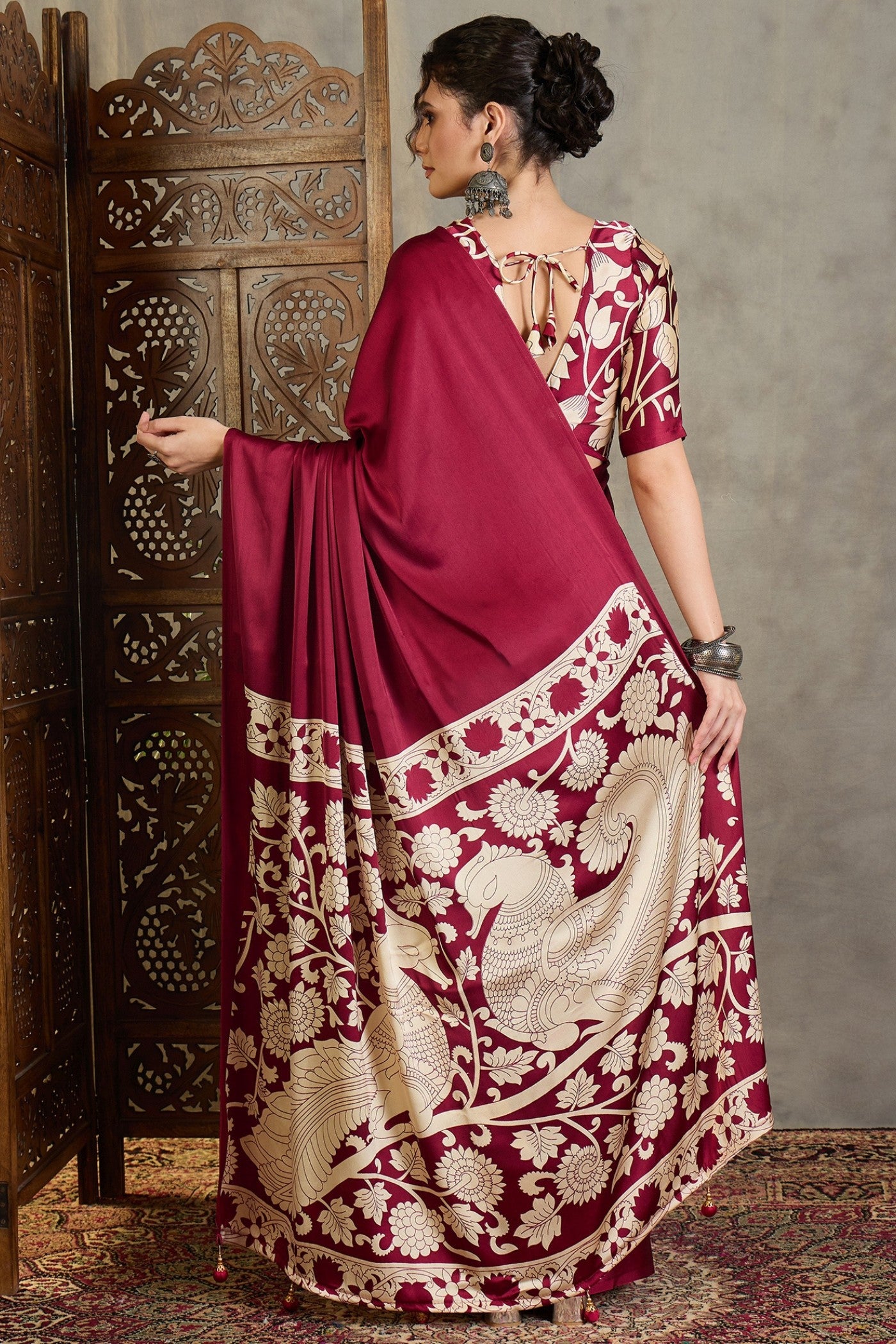 Buy MySilkLove Vintage Maroon Kalamkari Printed Satin Silk Saree Online