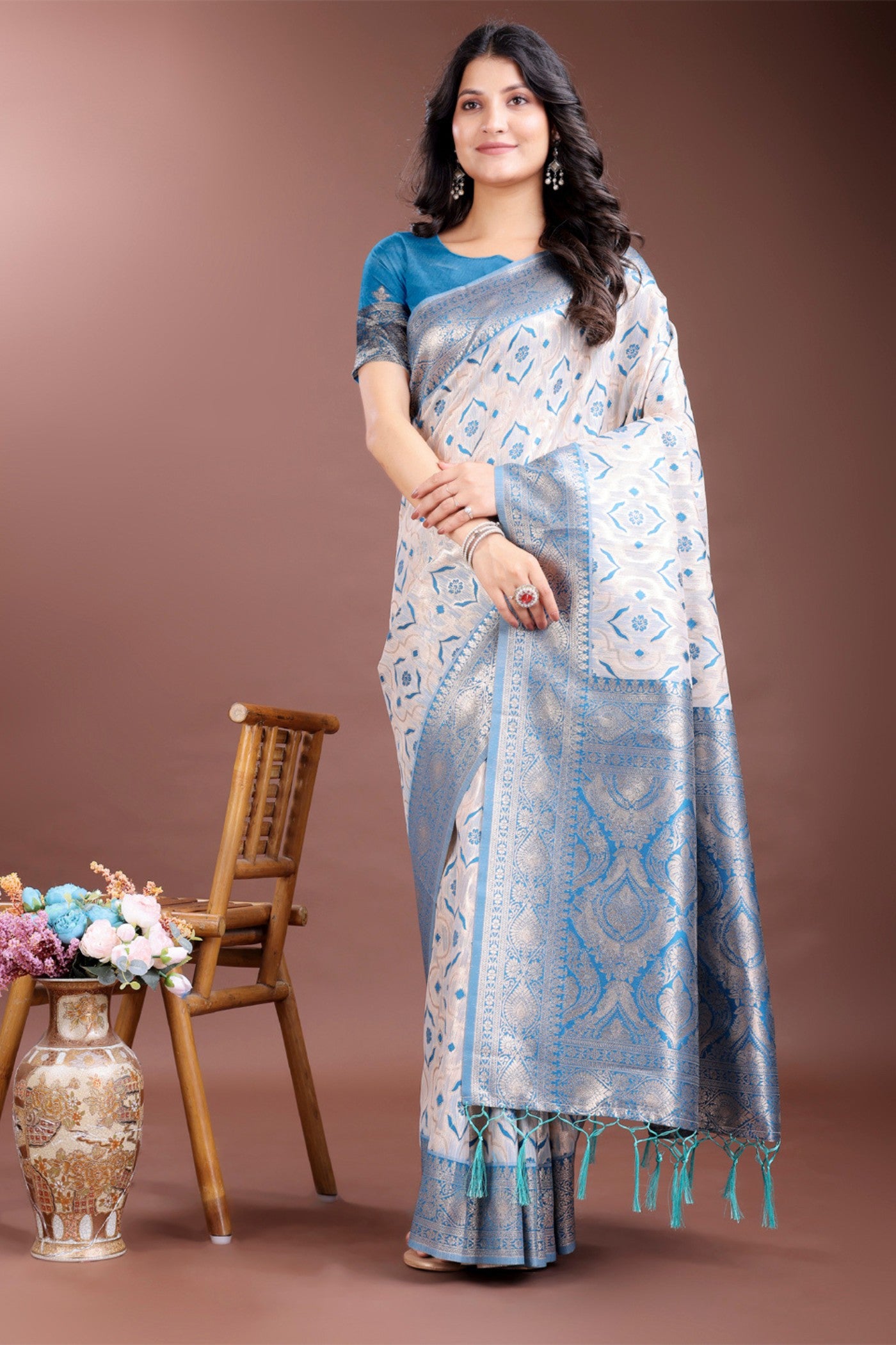 Buy MySilkLove Steel Blue and White Linen Cotton Saree Online