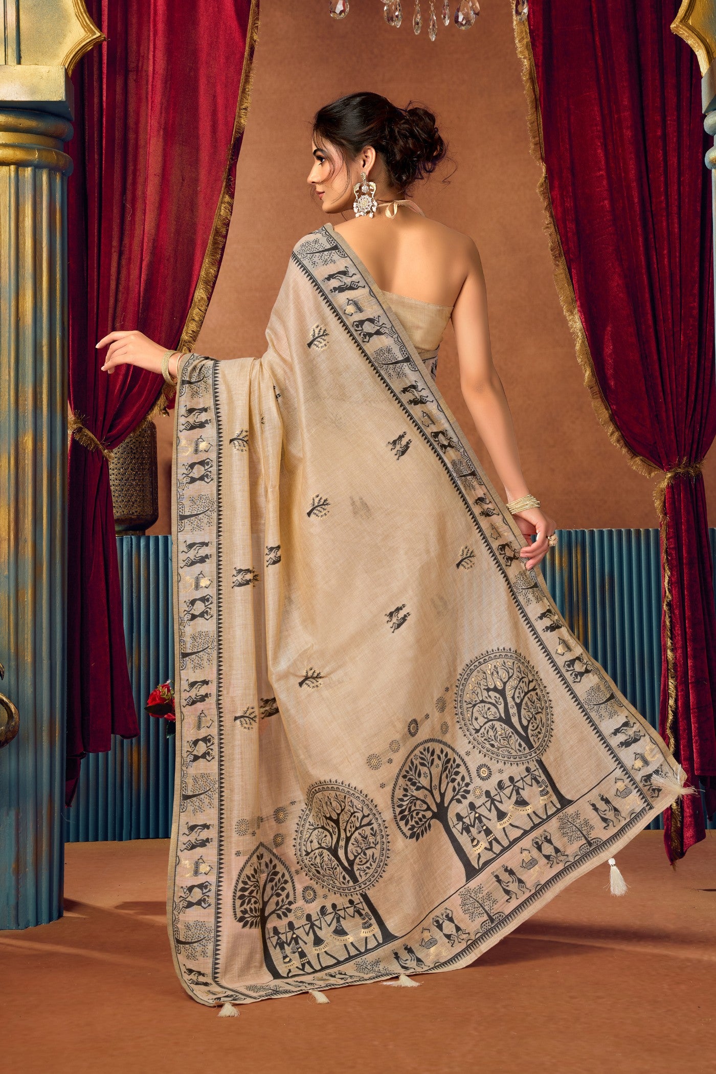Buy MySilkLove Seashell Cream Woven Modal Cotton Saree Online