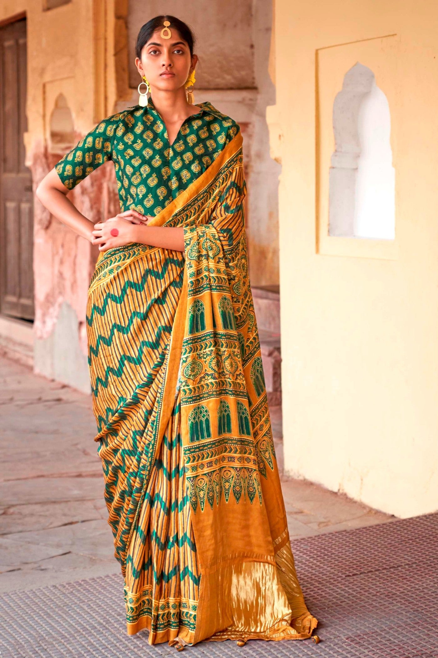 Buy MySilkLove Porsche Yellow Ajrakh Handprinted Satin Saree Online