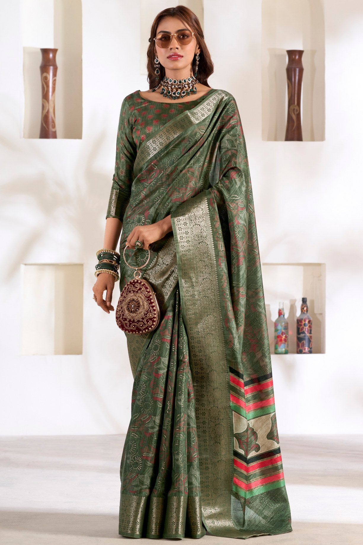 Buy MySilkLove Hemlock Green Soft Dola Silk Saree Online