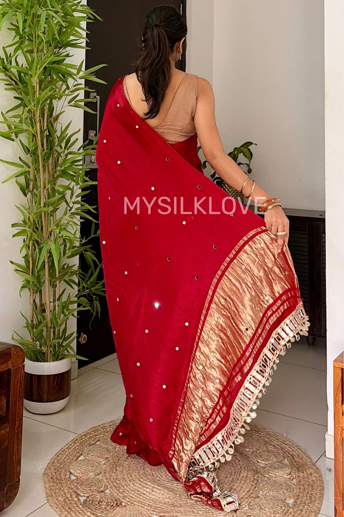 Buy MySilkLove Carmine Red Pure Gajji Modal Silk Mirror Work Saree with Lagdi Zari Pallu Online