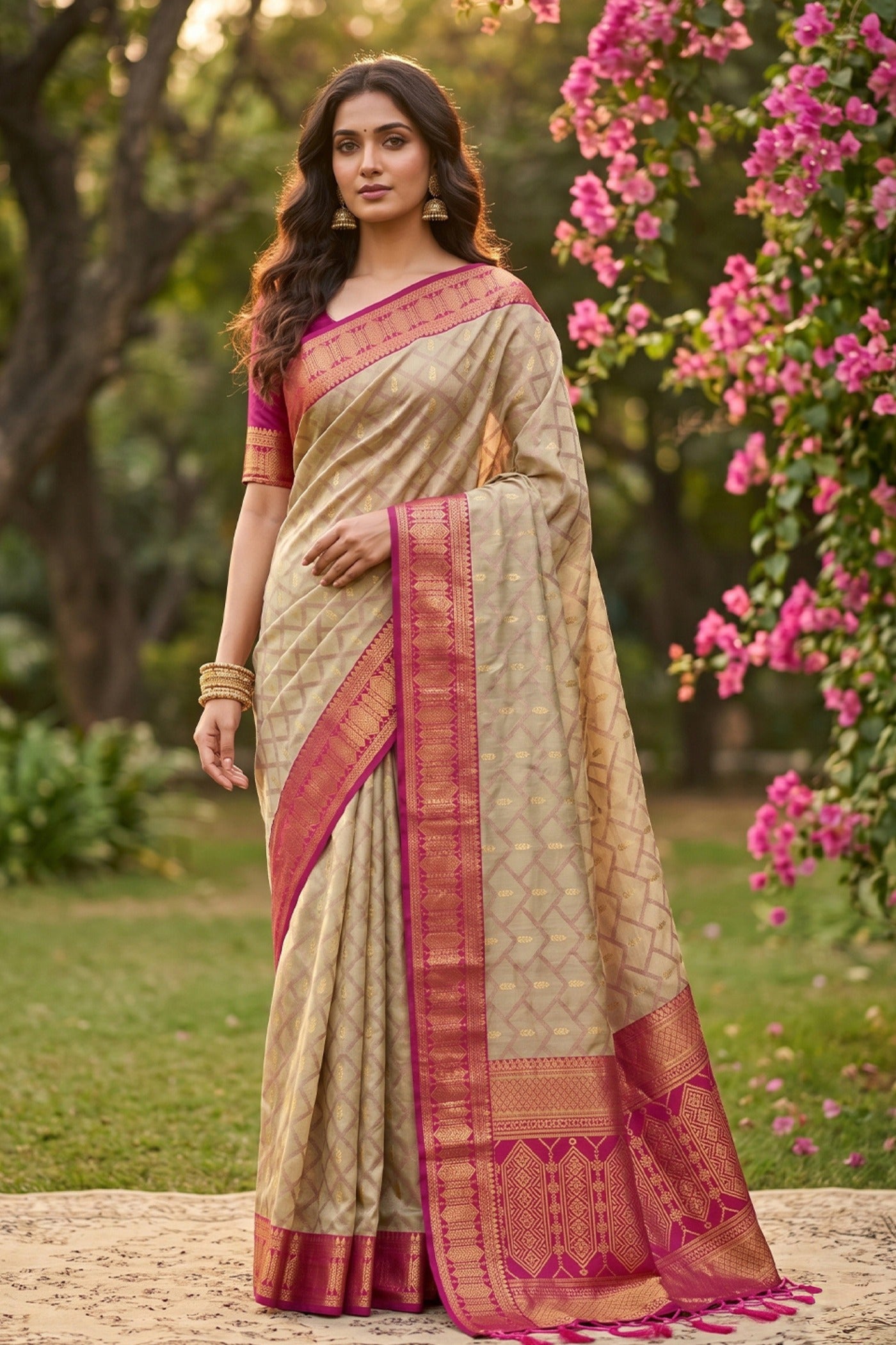 Buy MySilkLove Desert Cream and Pink Woven Banarasi Cotton Saree Online