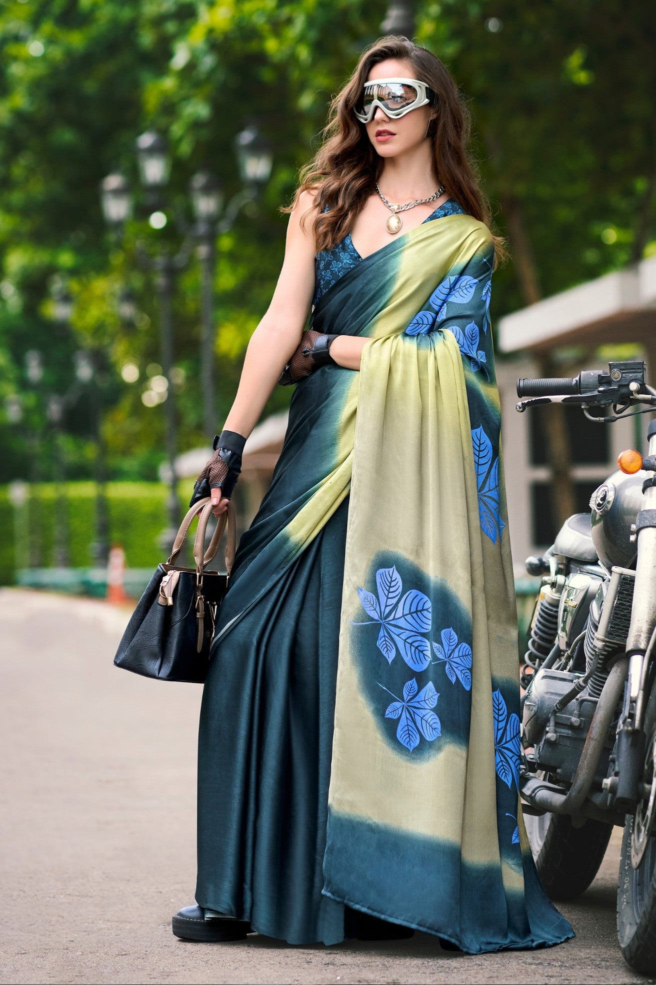 Buy MySilkLove Cerulean Green Printed Satin Crepe Saree Online