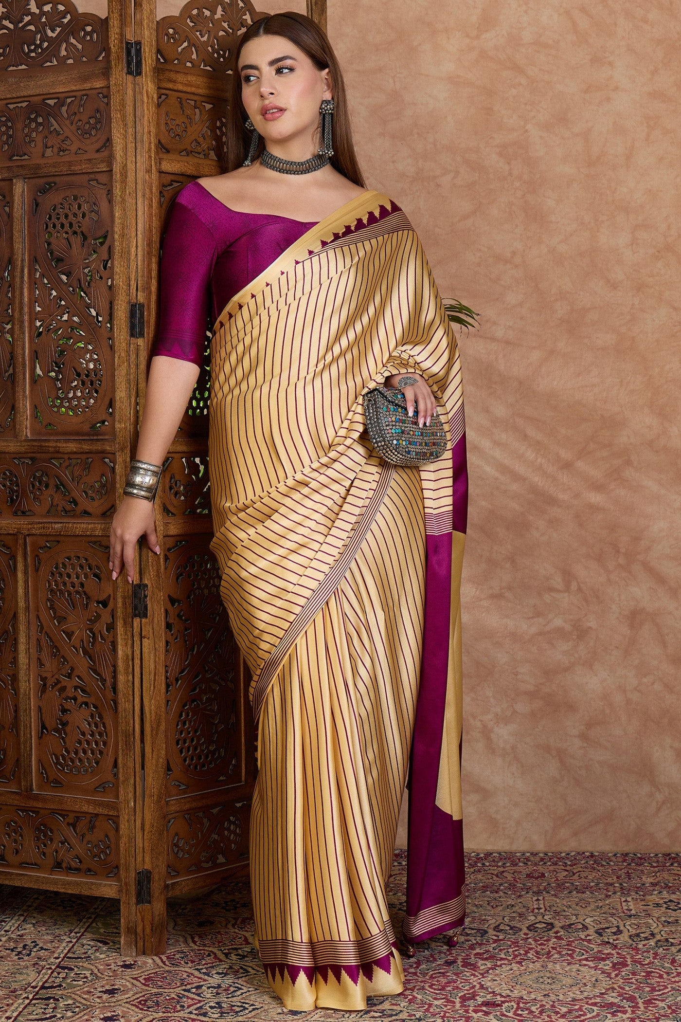 Buy MySilkLove Fawn Cream and Purple Stripe Ajrakh Printed Satin Crepe Silk Saree Online