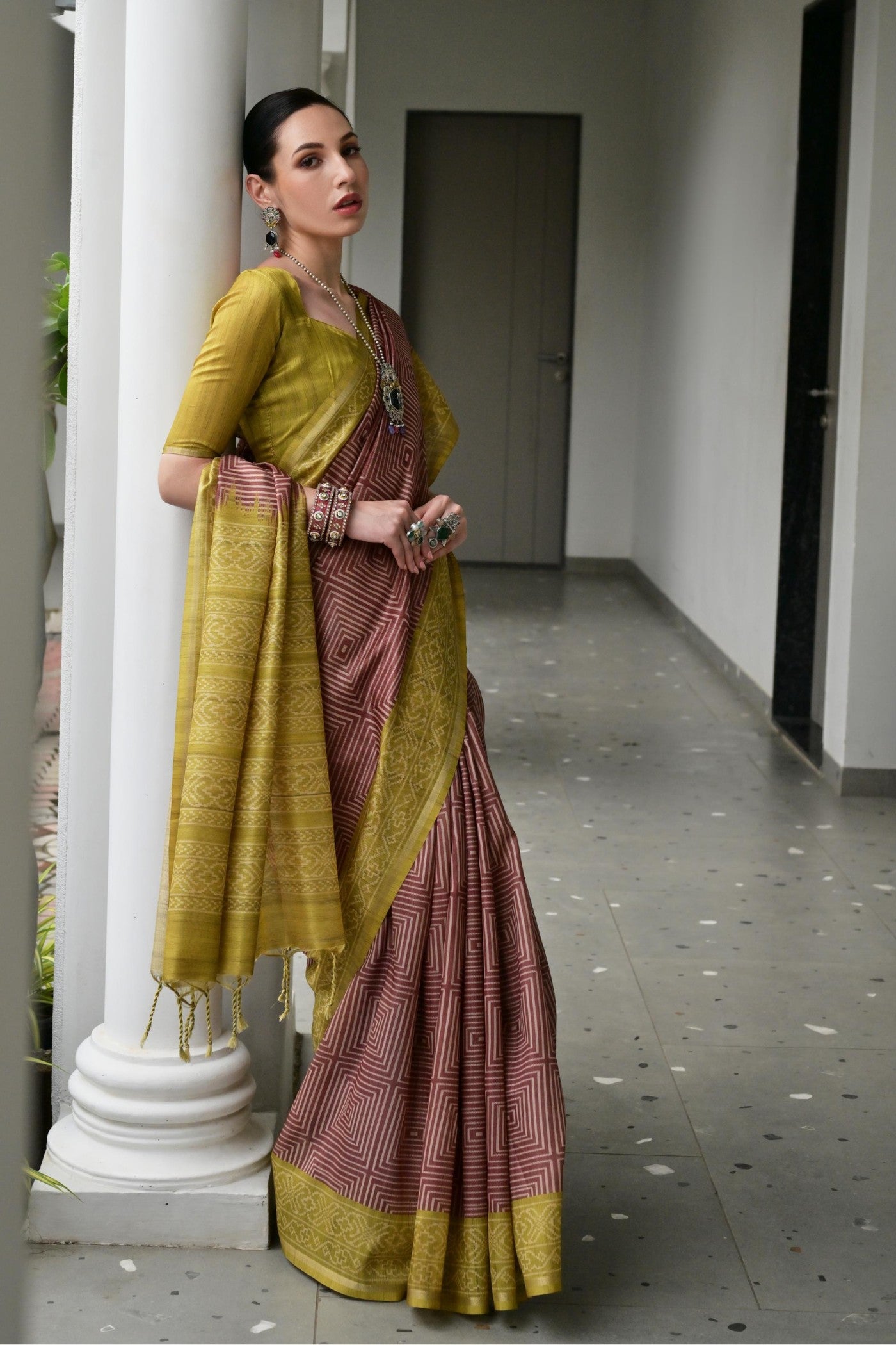 Buy MySilkLove Umber Brown and Green Printed Tussar Silk Saree Online