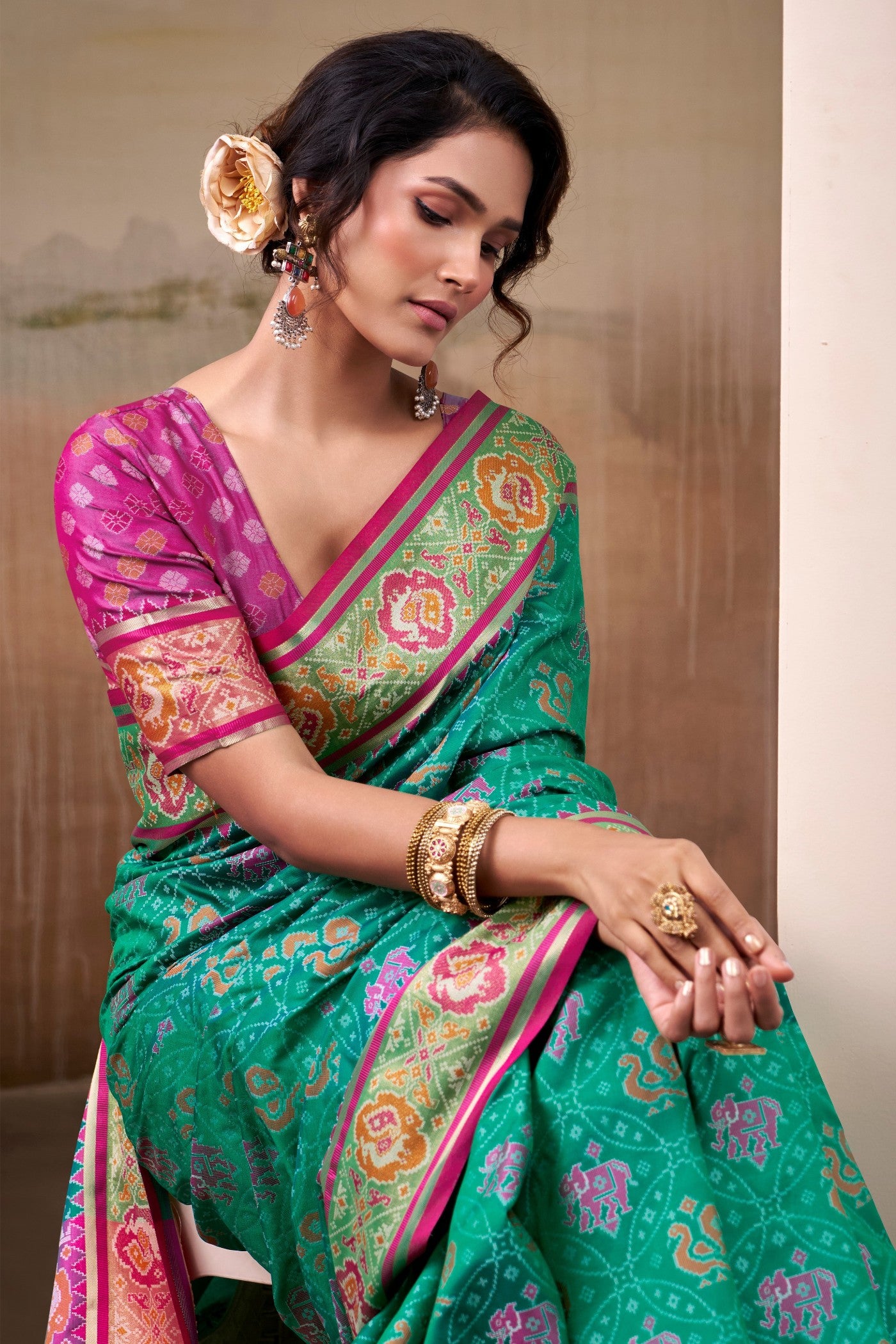 MySilkLove Hellebores Green Woven Patola Silk Saree