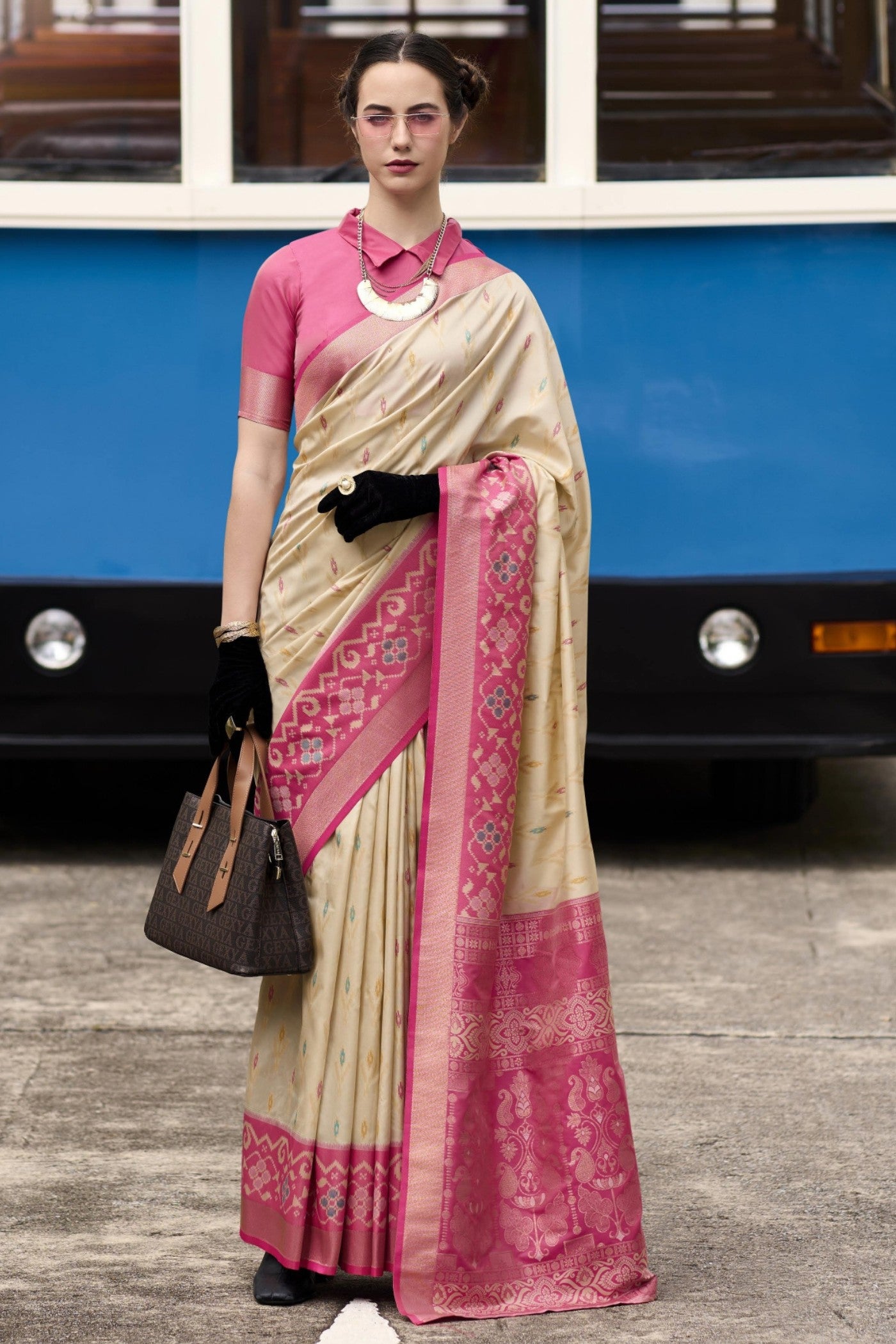 Buy MySilkLove Hampton Cream Woven Banarasi Soft Silk Saree Online