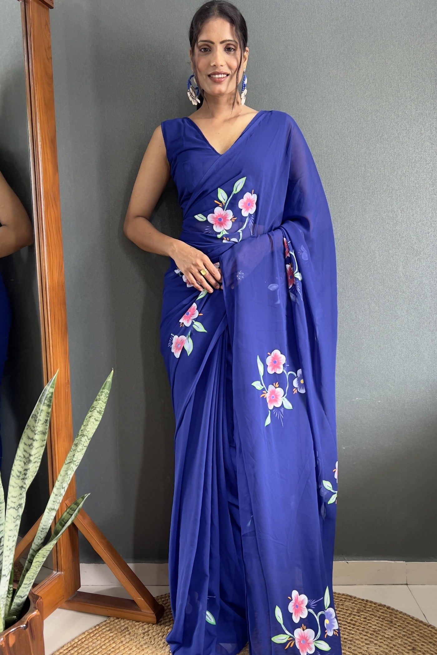 Buy MySilkLove Blue Orchid Hand Painted Georgette Saree Online