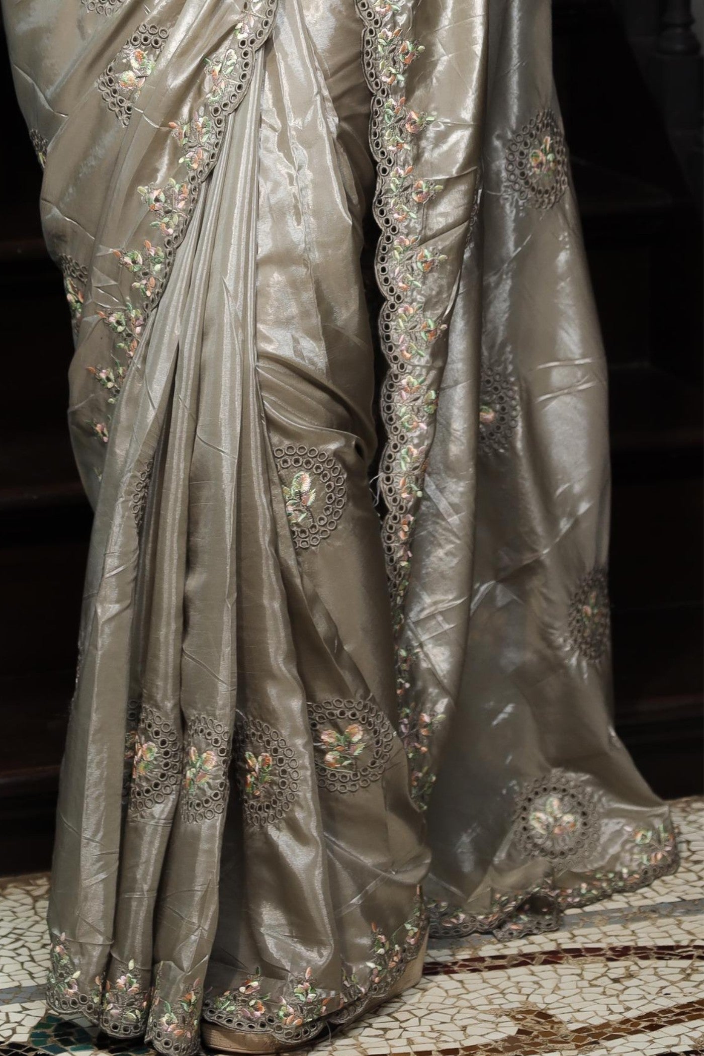 Buy MySilkLove Silver Grey Embroidered Designer Saree Online