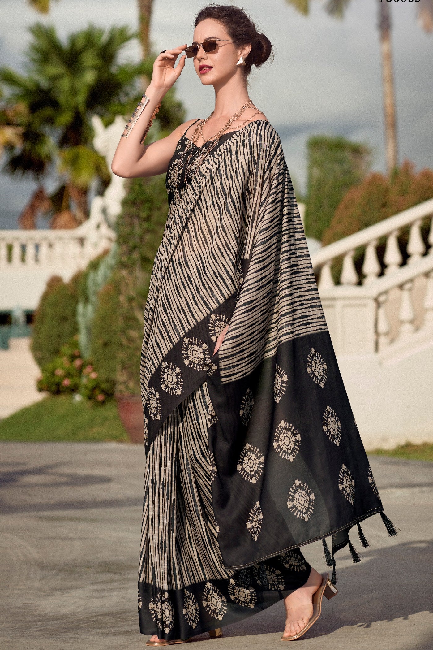 Buy MySilkLove Sandrift Brown and Black Mul Mul Cotton Saree Online