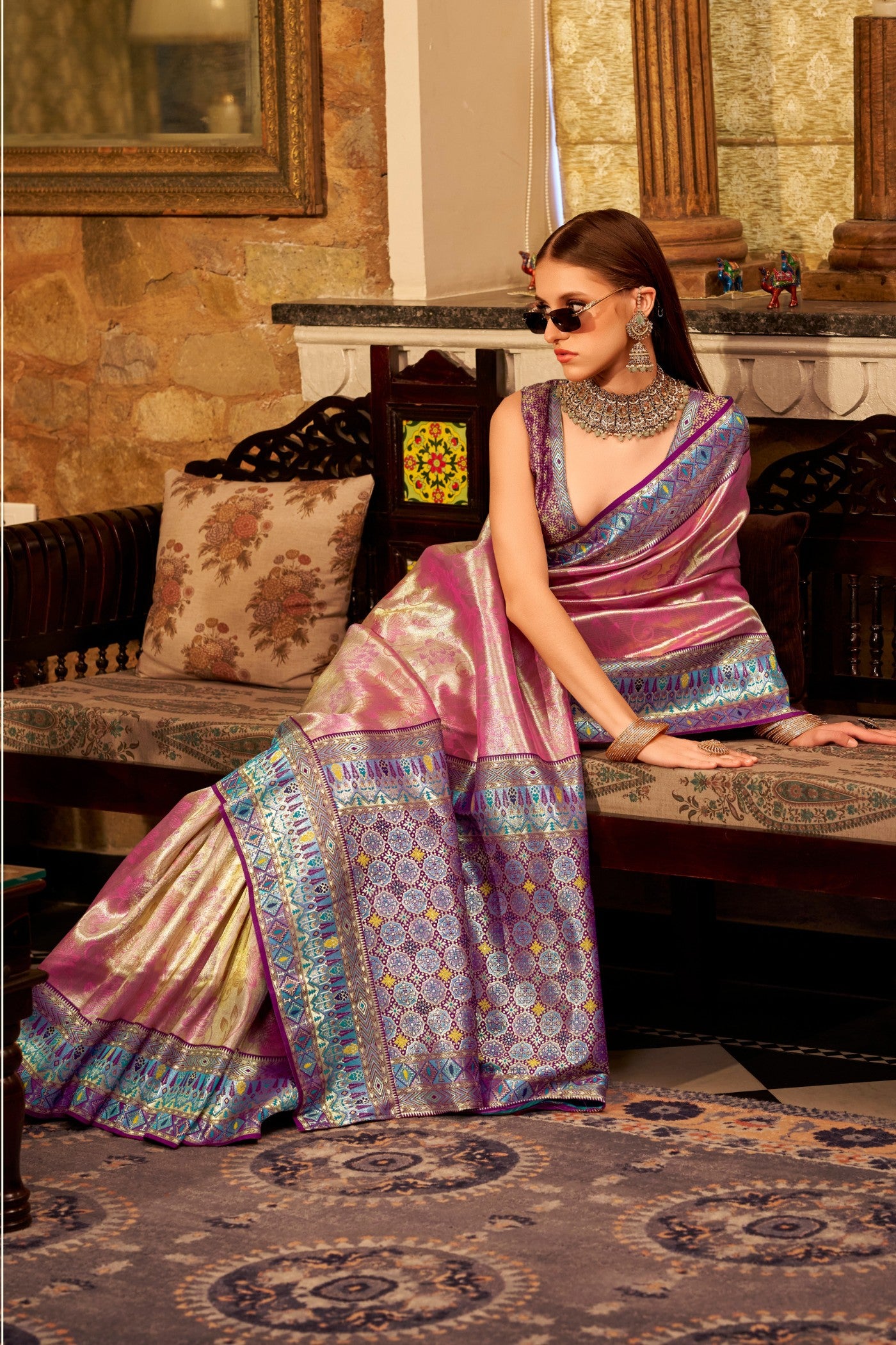 Buy MySilkLove Pantone Peach Zari Woven Tissue Silk Saree Online