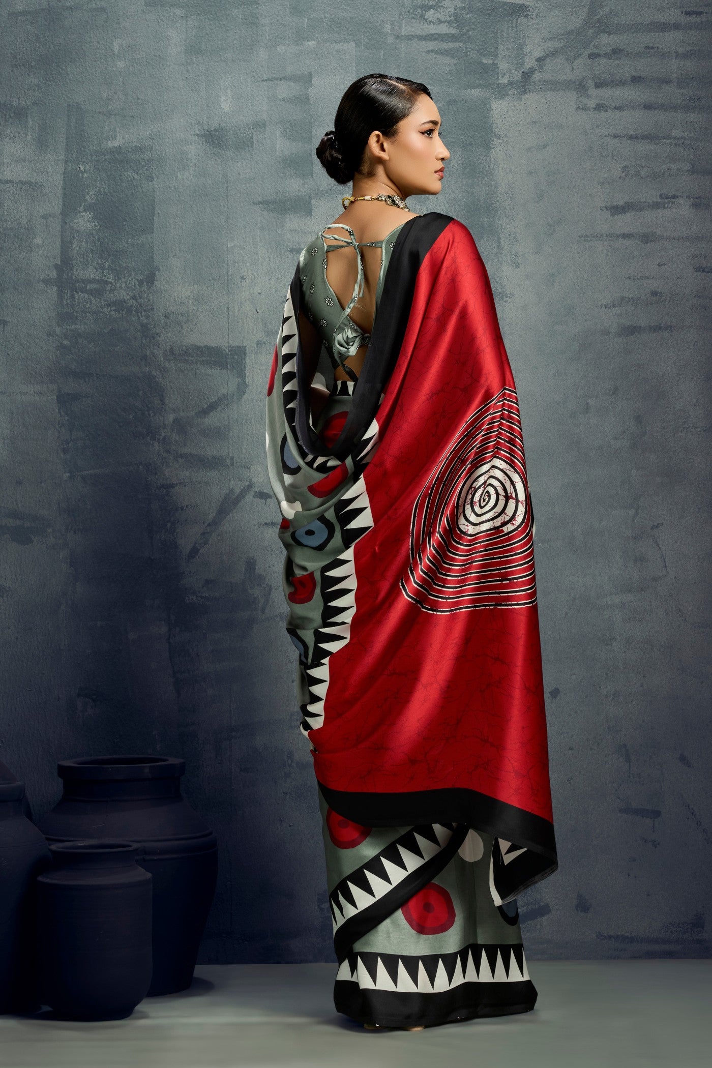 Buy MySilkLove Avocado Green Ajrakh Printed Satin Crepe Silk Saree Online