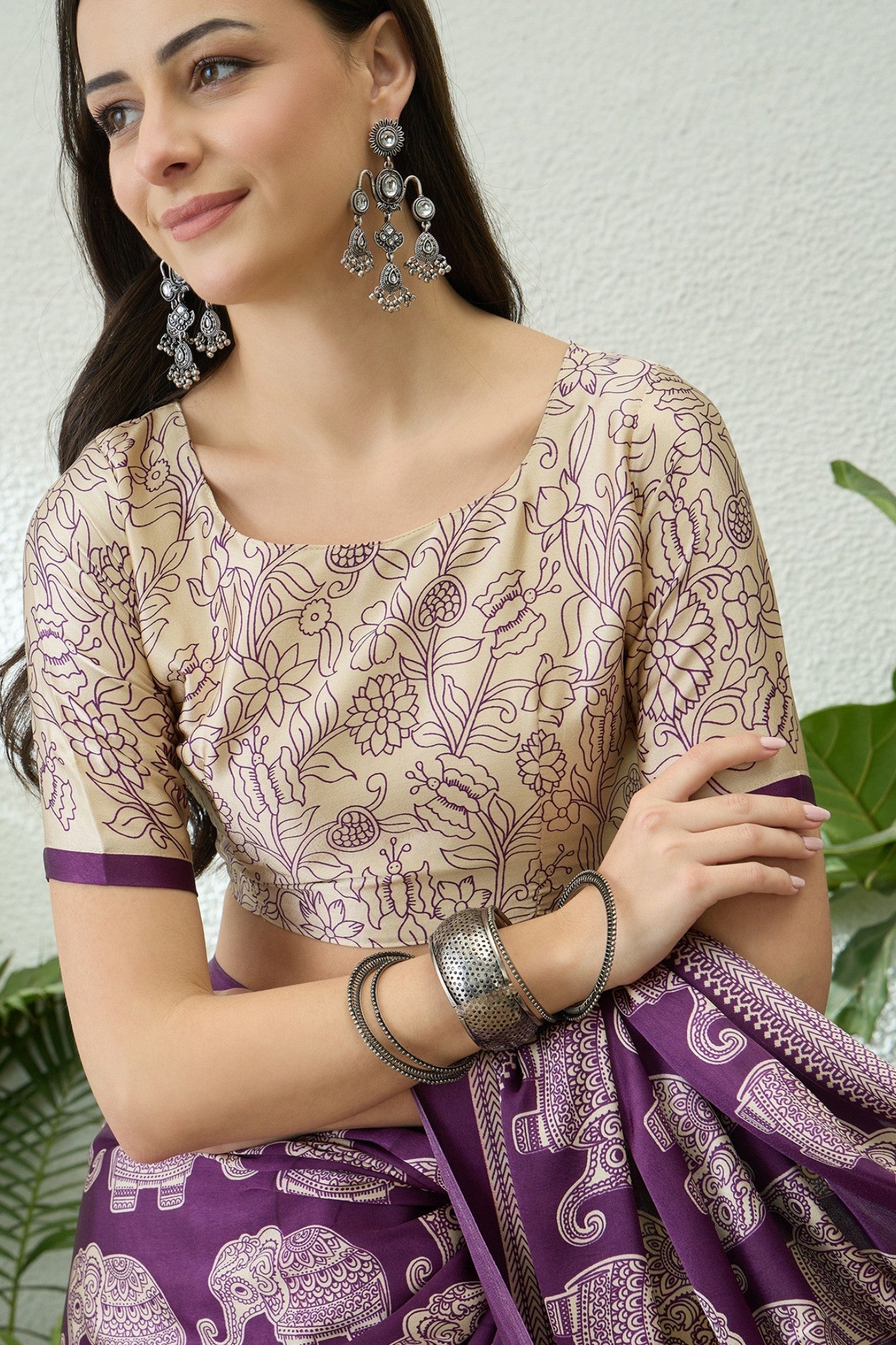 Buy MySilkLove Thistle Purple Ajrakh Printed Satin Crepe Silk Saree Online
