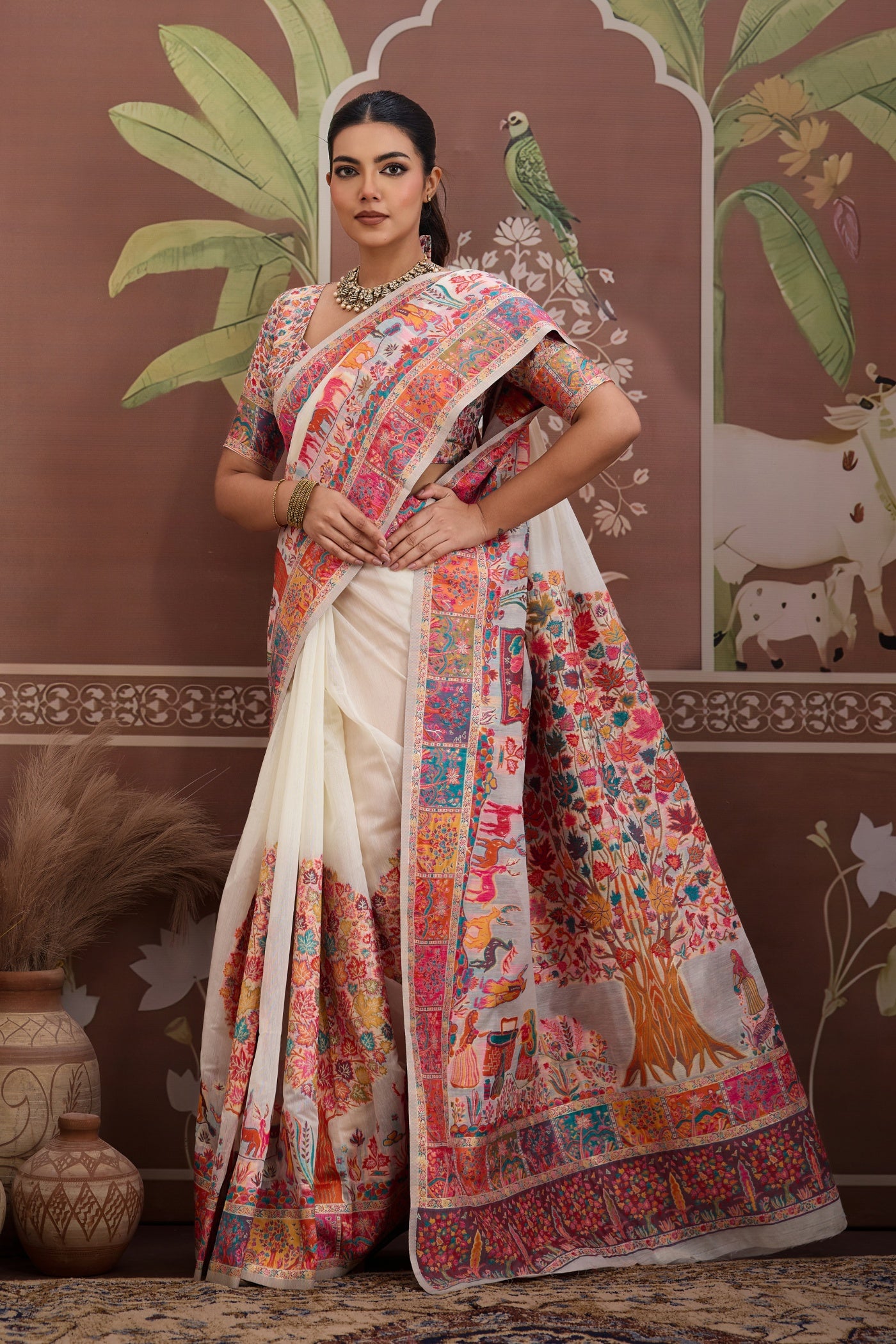 Buy MySilkLove Milk White Kashmiri Handllom Jamewar Saree Online