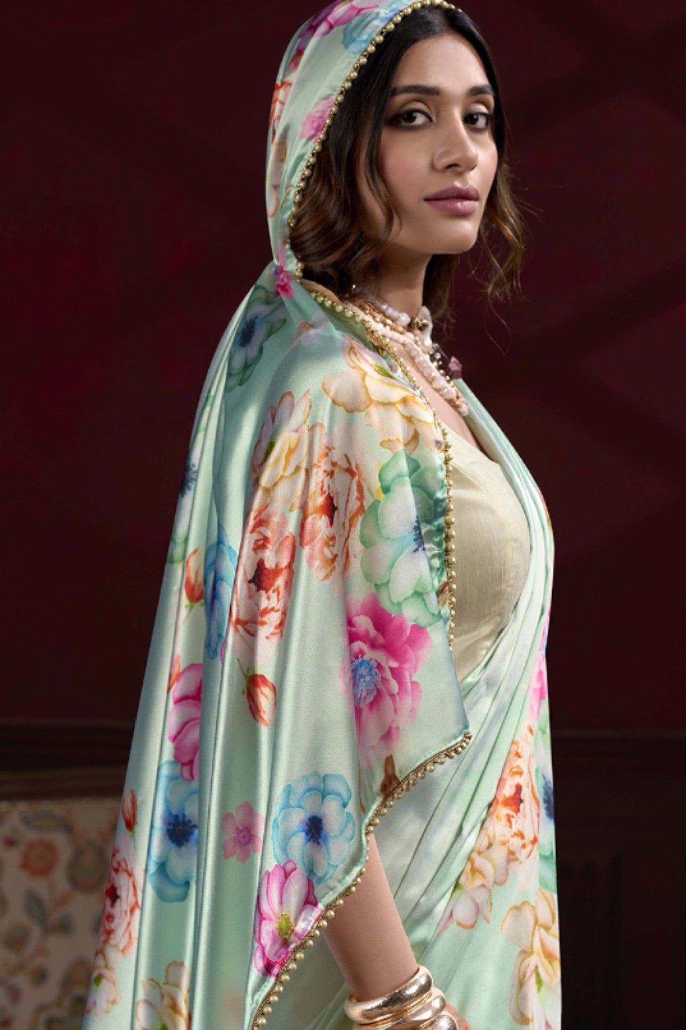 MySilkLove Seafoam Green Floral Printed Satin Silk Saree