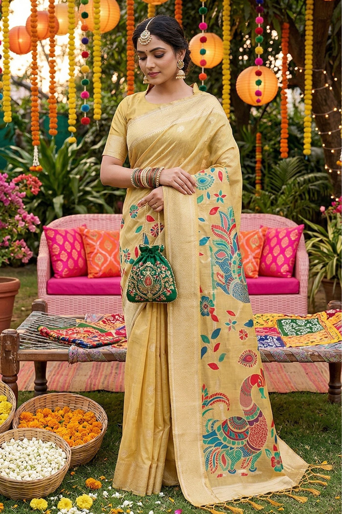MySilkLove Lemon Yellow Woven Linen Cotton Saree