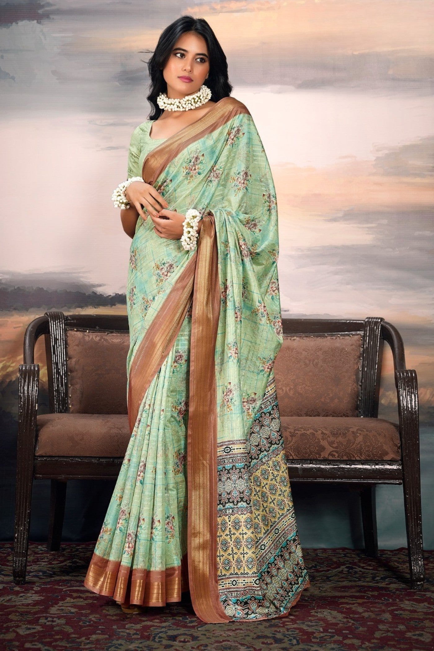 Buy MySilkLove Coriander Green Digital Printed Cotton Saree Online