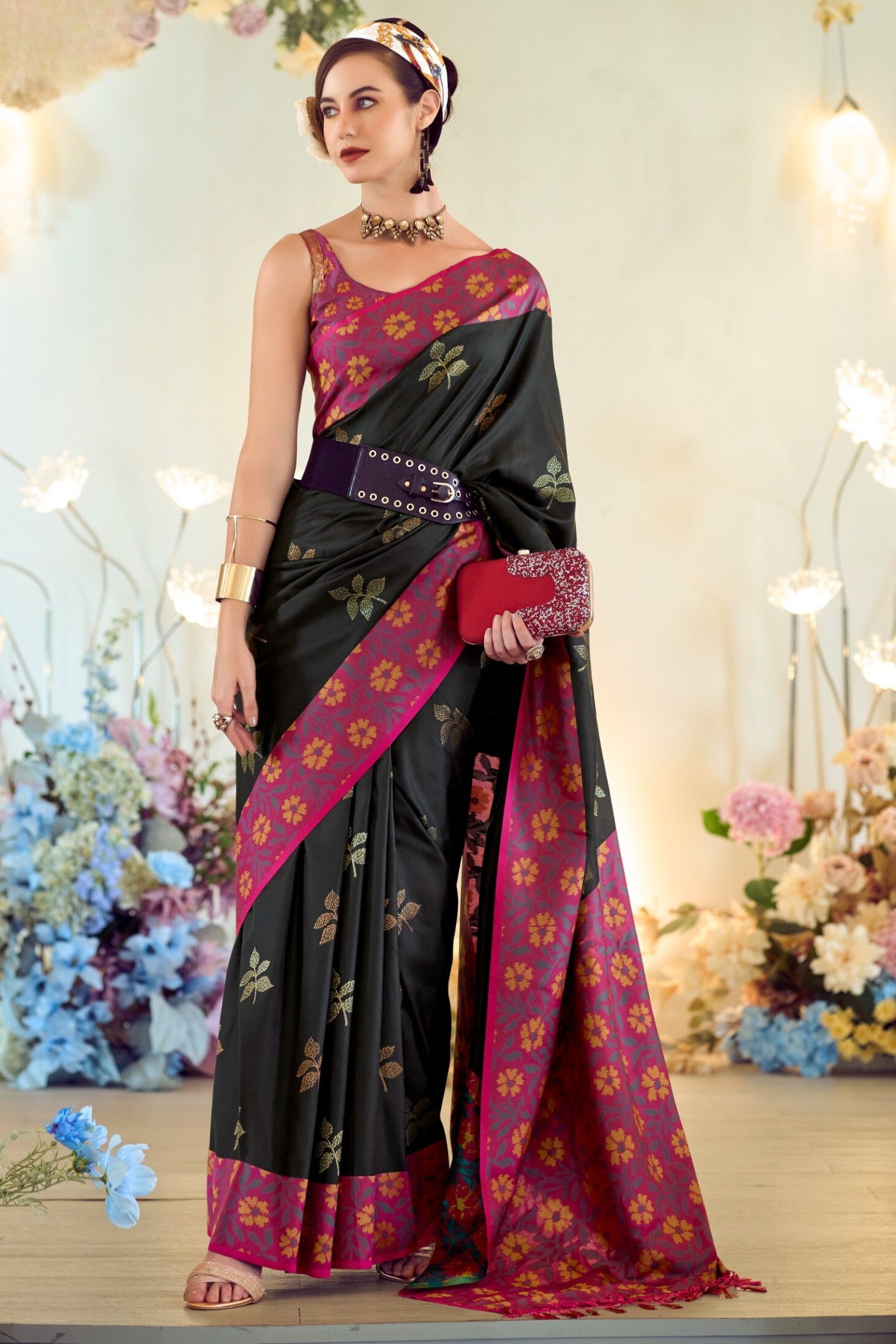 Buy MySilkLove Outer Space Black Woven Banarasi Soft Silk Saree Online