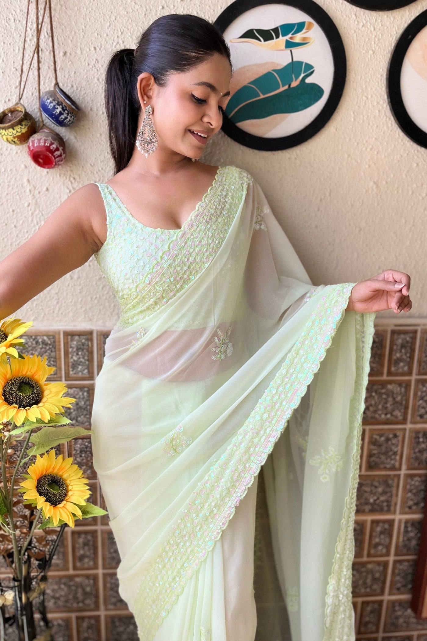 Buy MySilkLove Zinnia Green Embroidery Georgette saree Online