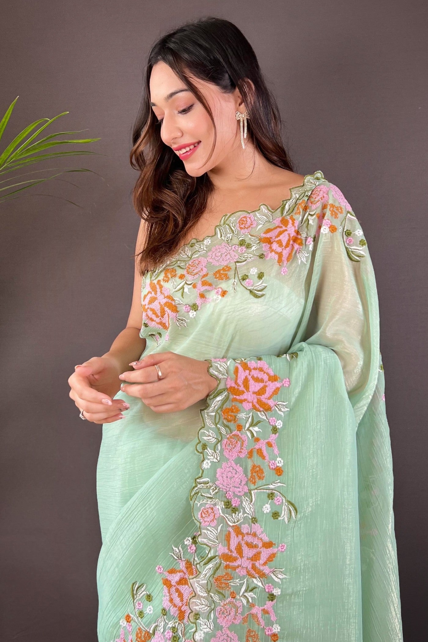 Buy MySilkLove Swamp Green Embroidered Party Wear Saree Online