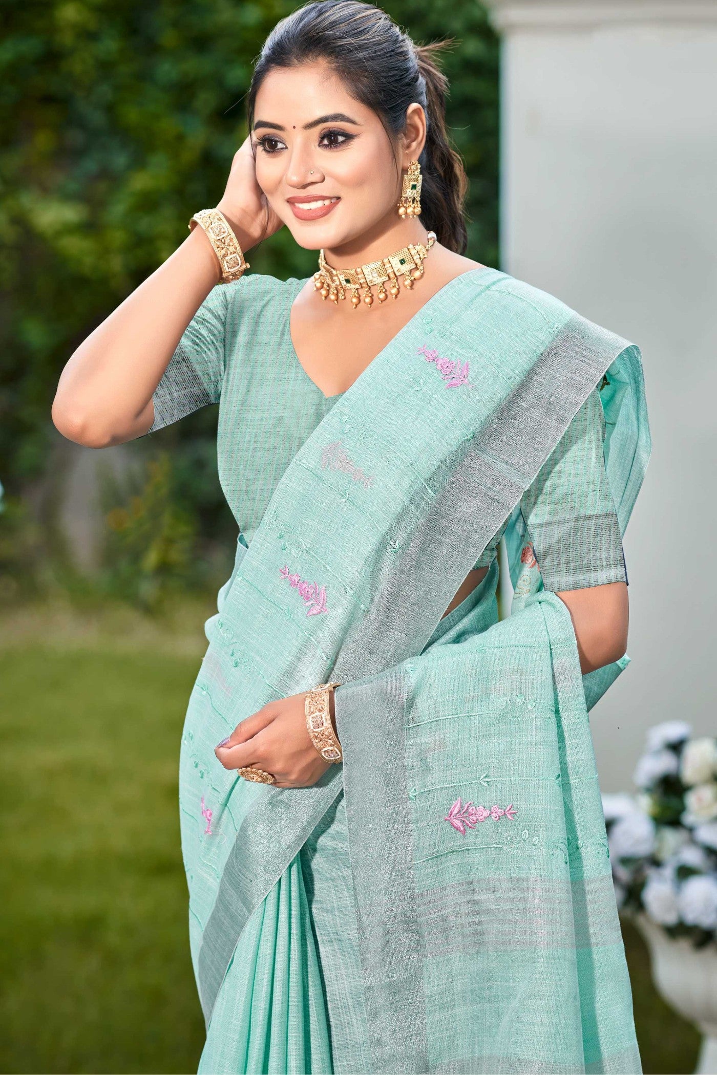 MySilkLove Sky Blue Woven Cotton Linen Saree