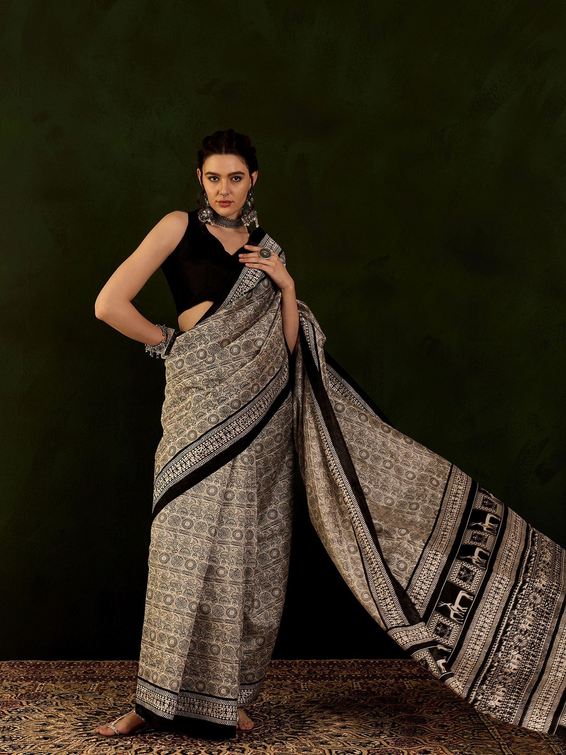 Buy MySilkLove Black and Cream Ajrakh Printed Saree Online