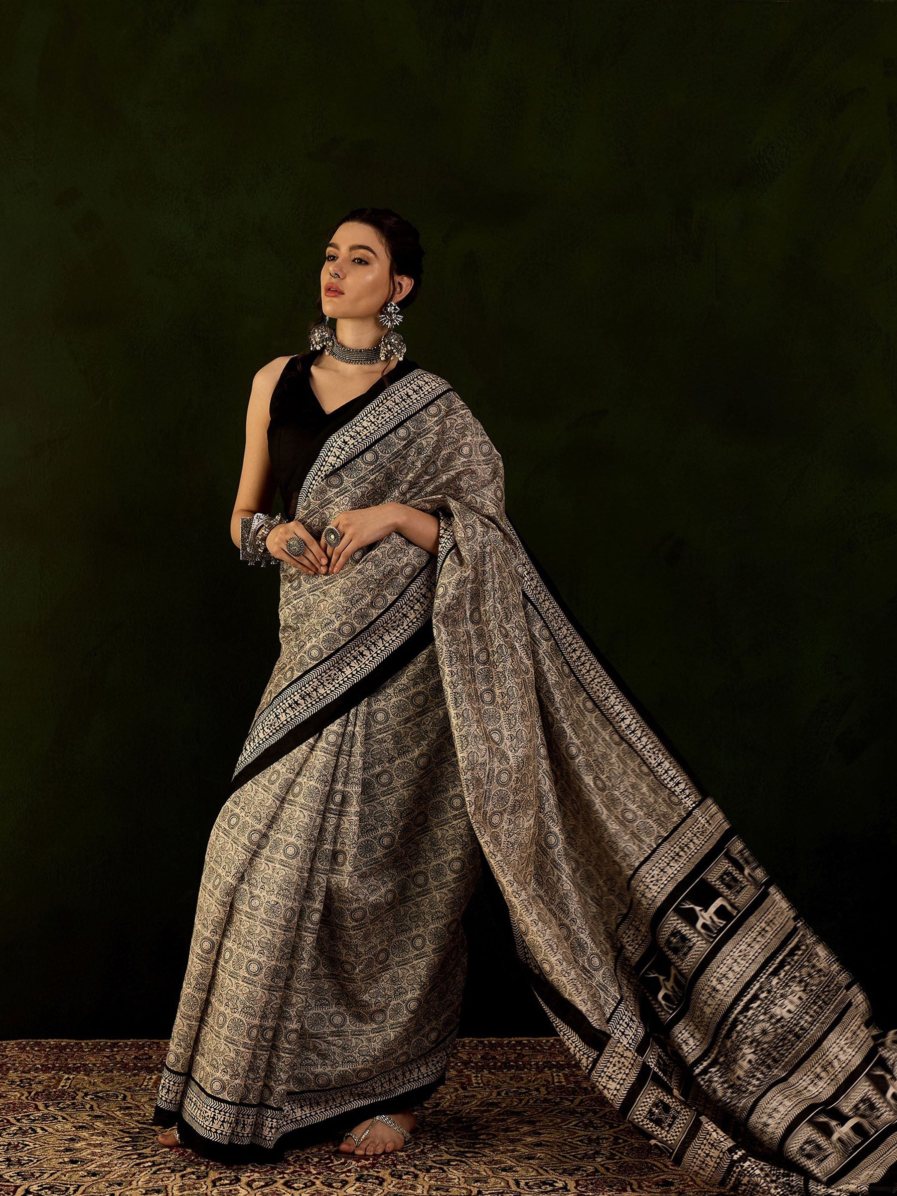 MySilkLove Black and Cream Ajrakh Printed Saree