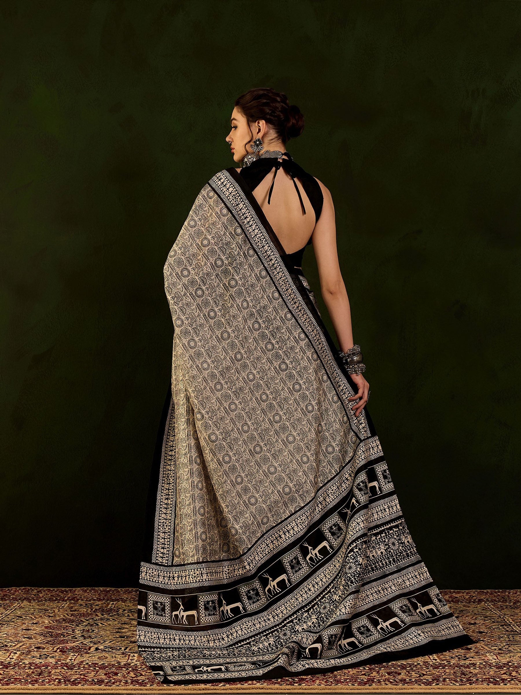 Buy MySilkLove Black and Cream Ajrakh Printed Saree Online