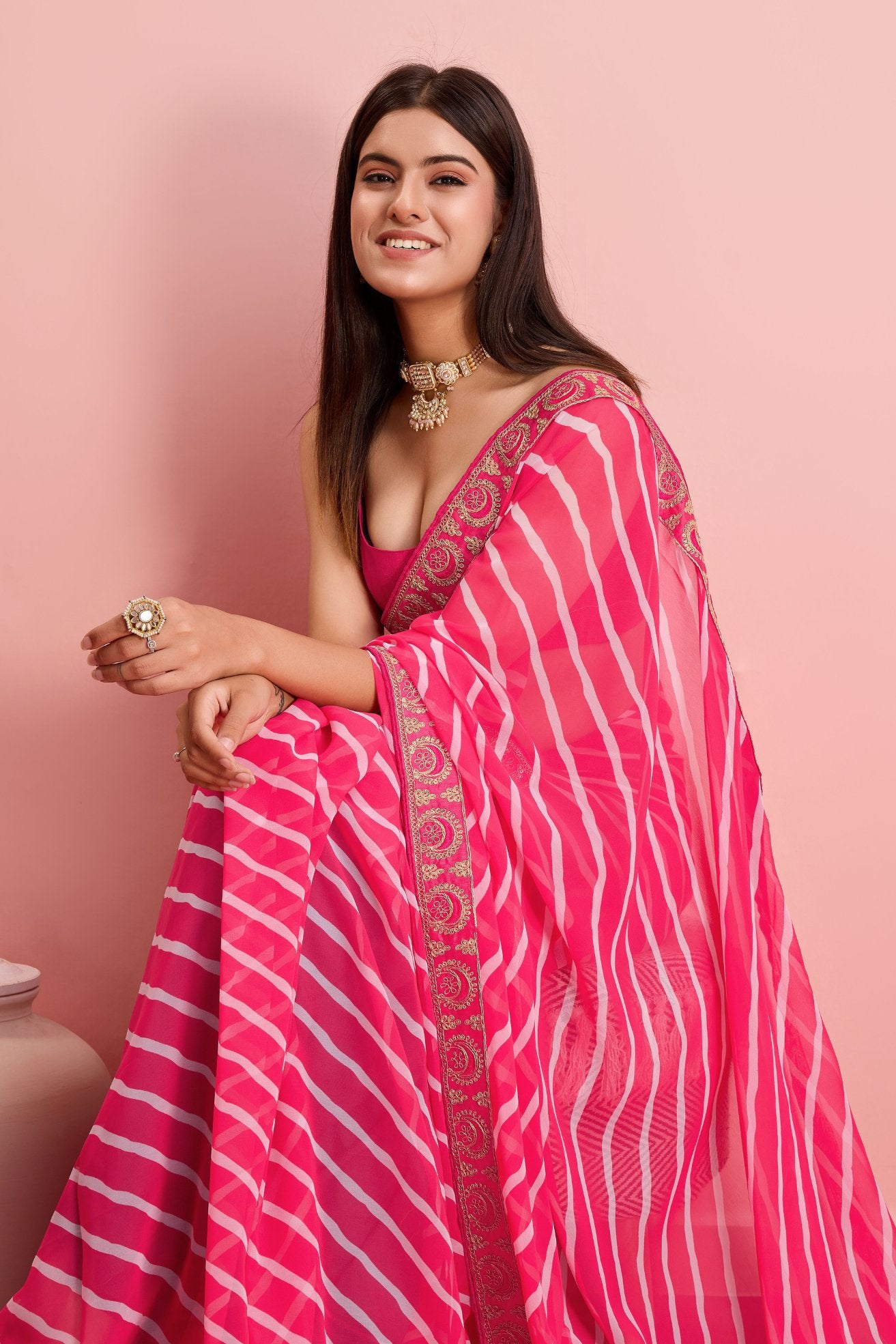 Buy MySilkLove Pink Salmon Georgette Lehriya Silk saree Online